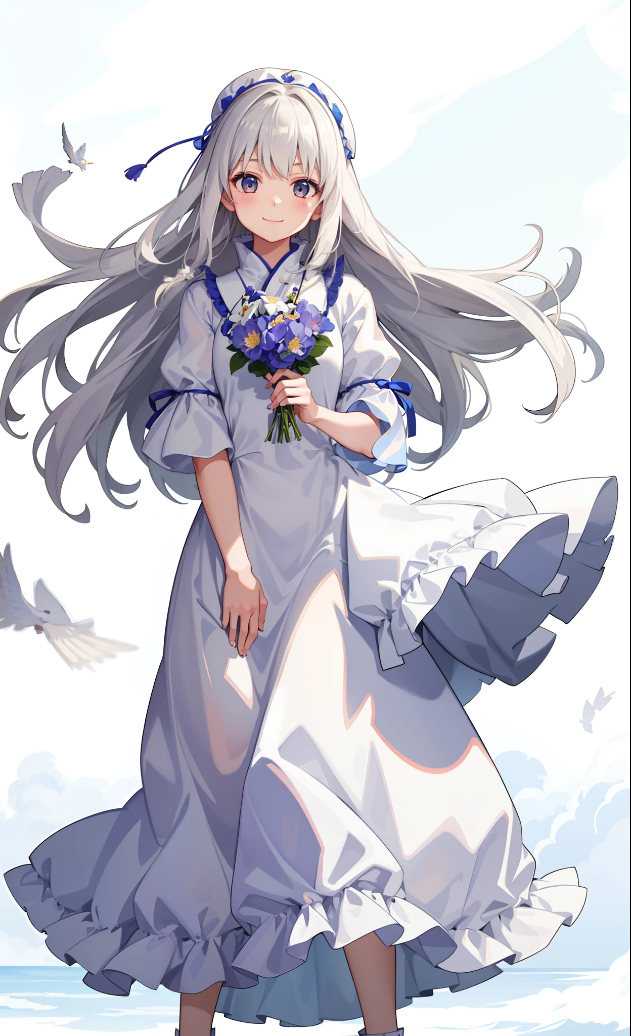1girl in、A smile、blanche、fuffy dress、the wind、夏天、