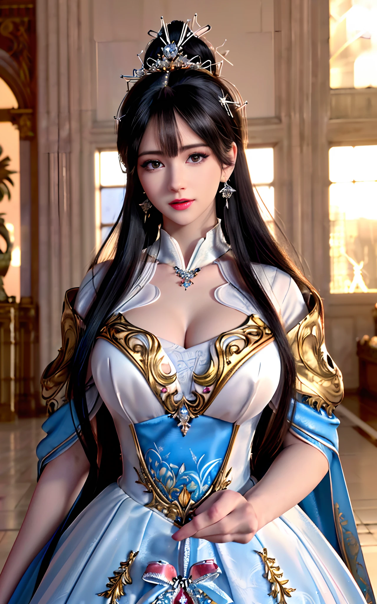 ((realisticity: 1.2)), ((realistic: 8K UHD)), ((best resolution: 8K UHD)), hyper detailed, best quality,masterpiece,highres,cg,
((1 hyper detailed and hyper realistic girl)), ((very beautiful queen dazzling, hyper realistic, and hyper detailed)),((white skin, beautiful, smooth, youthful, hyper realistic and hyper detailed
)), ((Hyper beautiful face, white, hyper realistic and hyper detailed)), long hair, ((hyper realistic and hyper detailed dress)), solo, ((hyper realistic, hyper beautiful, gorgeous and hyper detailed jewelry)), ((hyper beautiful, hyper realistic and hyper detailed dark red and golden yellow dress)),
((Hyper beautiful, hyper realistic, hyper detailed diamond filled earrings)),
((Hyper beautiful, hyper realistic and hyper detailed diamond filled hair ornament)), ((hyper beautiful upper body, hyper beautiful, hyper
realistic and hyper detailed)), ((hyper realistic and hyper detailed fingers and palms)), ((big breasts: 2.5)),
((Hyper grand, hyper realistic and hyper detailed royal palace backgroun))
((Hyper beautiful, hyper beautiful, hyper realistic and hyper detailed hair bun)), ((hyper beautiful, hyper realistic and hyper detailed blue hair)),
candid, Photograph, high resolution, 8k,Bokeh,