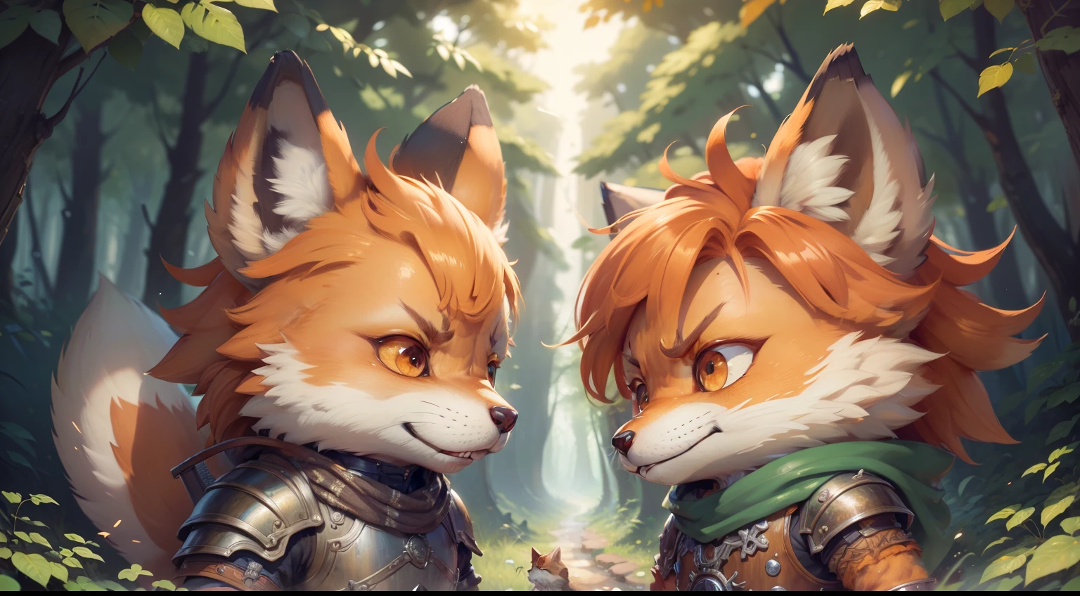 Hyperdetailed Painting, Jean-Baptiste Monge Style, Anthropomorphic fox, knight, muscular ,detailed pupils ,orange hair, red and green armor, kubrik stare, pale skin, greaves, dagger, dual wielding , High Quality, Very Angry Face, Body Fitness, Full Body, Long Hair with Braids, Night in the forest with fireflies,