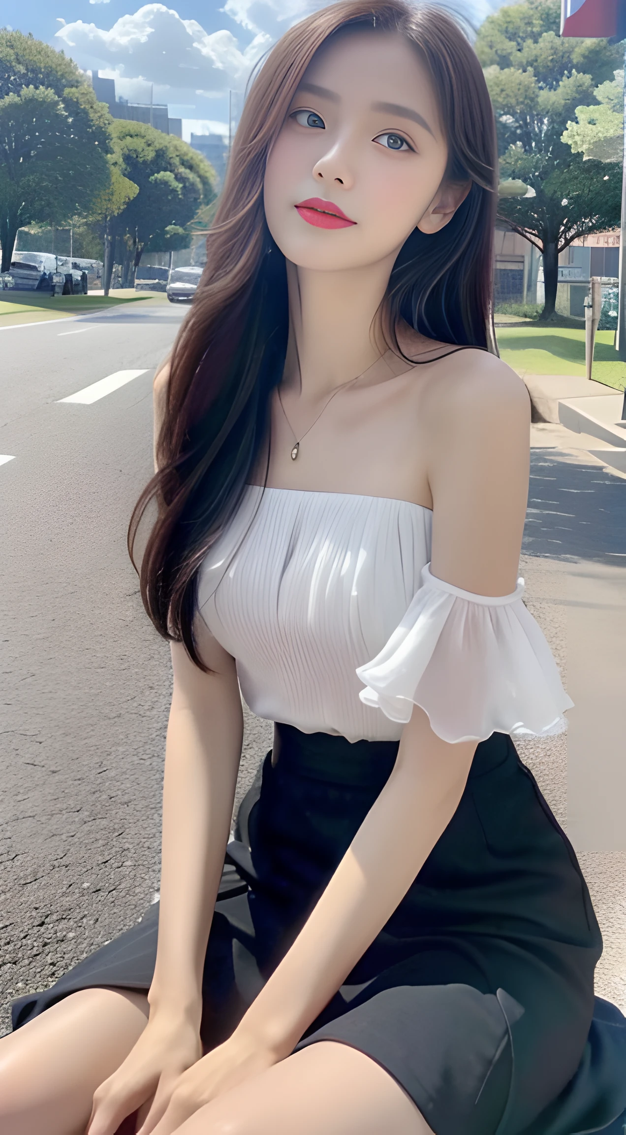 ((best qualtiy, 8K, tmasterpiece:1.3)), A pretty maiden,Pure,skinny and thin,Melon seed face,gentle and cute,A sweet smile,Pure desire,Thin stature,(frontage),(Tilt your head),staring right into camera,uniform, Obi, formal,Black silky long, Straight hair,Long hair flowing over the shoulders,round black big eyes,Clear big eyes,Hydrated red lips,Sweet,Sit by the road,with blue sky and white clouds,grassy fields,Buildings,(Chiffon skirt,Chiffon tops)telephoto shot,