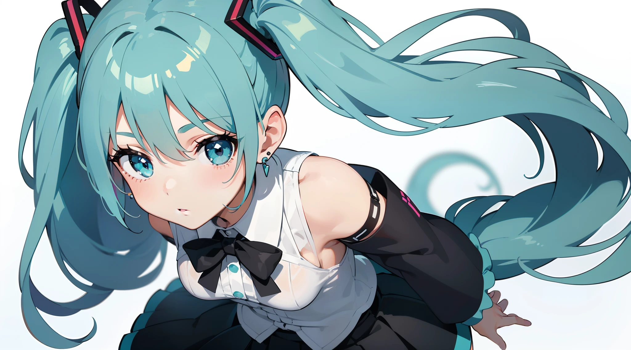 Close-up image of a girl in a skirt and tie,Wearing earrings, 1girll, flower, Solo, Hatsune Miku, double tails, shirt, Long hair, Skirt, White shirt, flor branca, view the viewer, bow, Black skirt, White background, Black bow, Pleated skirt, aqua eyes, aqua hair, (((extra detail, Very Cute Girl,breasts are small)))