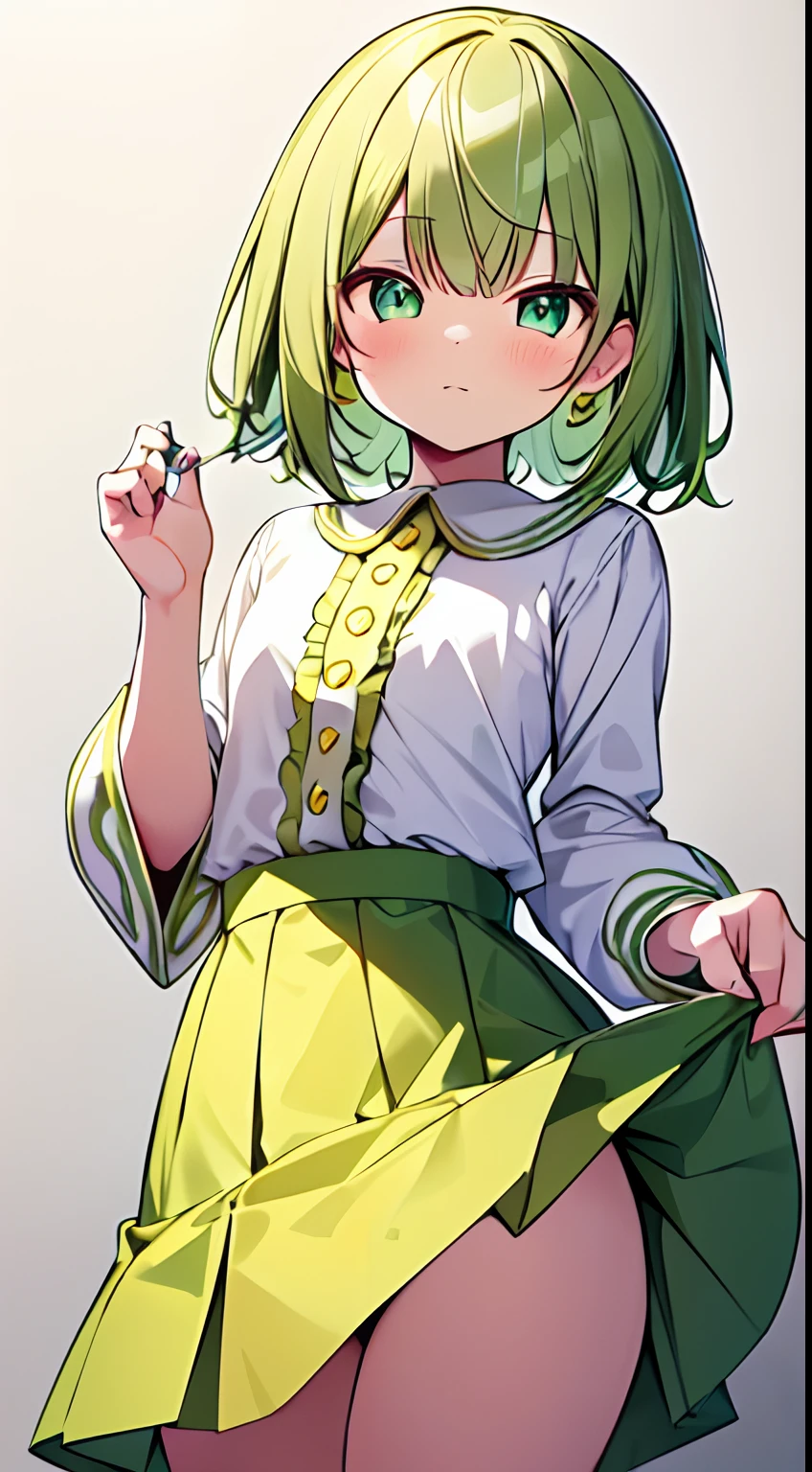 masutepiece, Best Quality,Illustration, Wallpaper, Ultra Detail, absurderes, 1loli,Solo,Beautiful detailed eyes,
Bangs, Medium Short-Cut Hair, (XD)、(((Cute yellow-green and white outfit)))、((Flipped skirt))、((small curvy ))