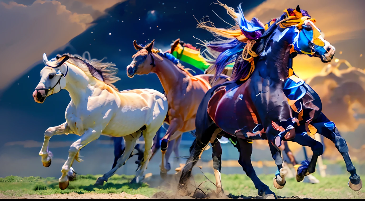 8 horses，1#cavalos，2#cavalos，3#cavalos，4#cavalos，5#cavalos，6#cavalos，7#cavalos，8#cavalos。The eight horses in the herd are clustered together and gallop across the grassland like clocks。Light-cast war horses from the High Heavens and nightmares from hell become the upper and lower ends of the main tone of the picture，Make the sky of the steppe brighter，The earth is deeper。The wind wings of the wind elf horse let its position be erratic，The mechanical horse is full of mecha beauty。Unicorns show their beauty in a rainbow neon light，On the side is the fairy dragon horse competing with it。The female knight is charging on her knightly warhorse，There is no doubt that she is the protagonist of this picture。There is also a horse from unknown territory mixed in，It has a weird style and chaotic colors that are almost unimaginable。Use the Latent couple plugin to make all eight horses have independent images，Some positions use stacking and nesting and perspective composition，Make the most of canvas space。With Midjourney's advanced brush tools and palettes and strokes, experiment with different models and materials to create a surreal look for your scene，Add complex textures and light and shadow effects to all your horses' looks，Add realism and surrealism，Emphasis is placed on the strength and speed of the horse。Use Midjourney's powerful tools，You can bring this magnificent and futuristic scene to life with incredible detail and beauty。 Large wide angle，Ultra-grand scenes，super wide shot， hdr，（真实感，Masterpiece quality，best qualtiy），
