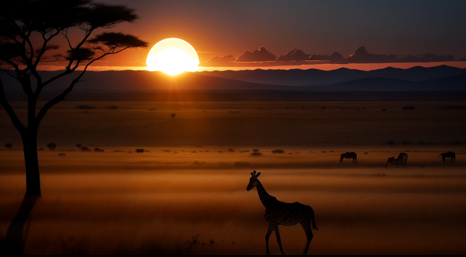 Sunset over African savannah、Shadow of a wild animal、Shadow of a giraffe