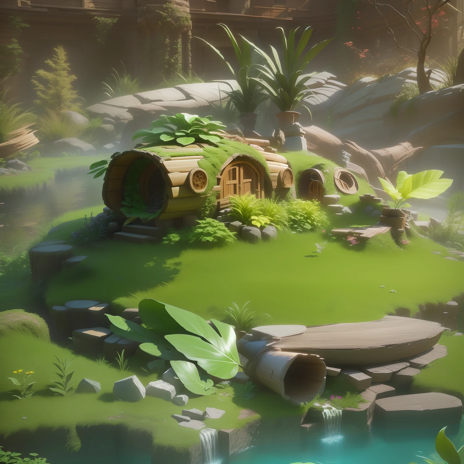 There is an insect nest made of logs and grass, There are stone steps at the mouth of the nest,stylized 3d render, 3 d render stylized, stylized as a 3d render, 3 d stylize scene, Stylized concept art, fantasy style 8 k octane render, Stylized game art, cute 3 d render, environment artist, elves house, lush garden spaceship
