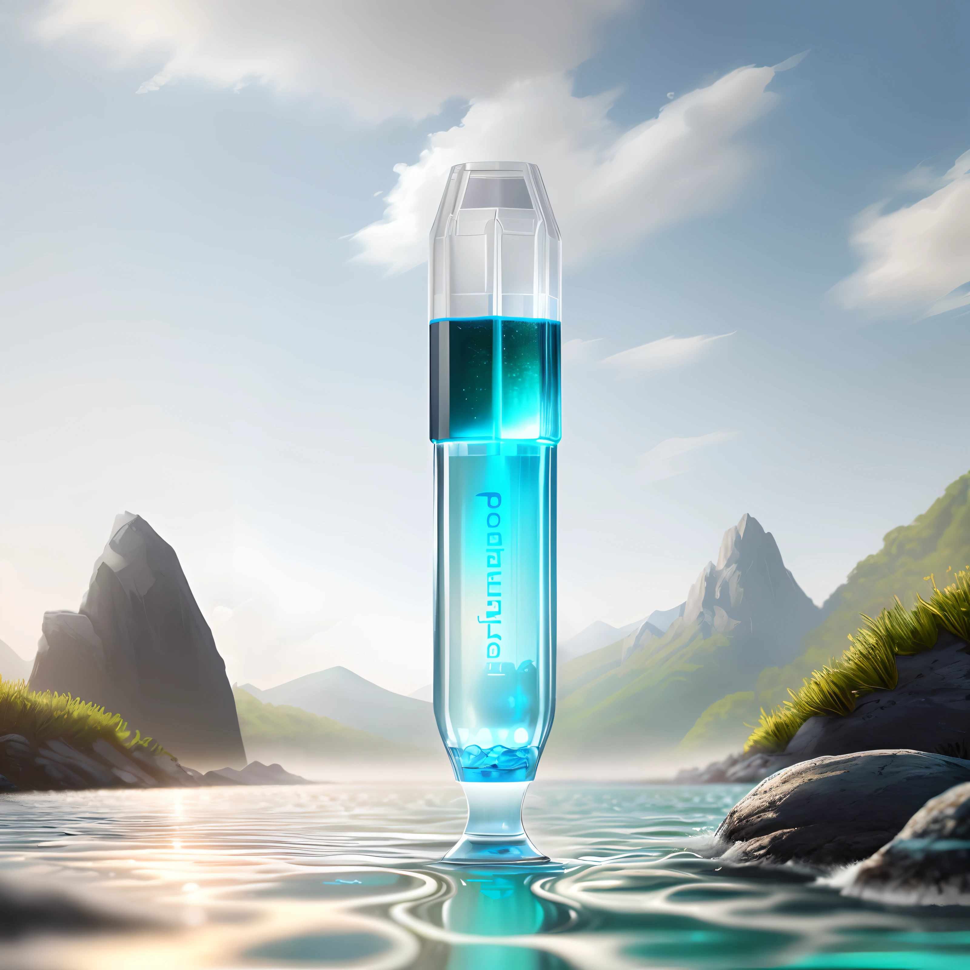 tmasterpiece,best qualtiy,(The is very detailed的 CG unified 8k 壁纸)(best qualtiy),(Most Best Illustration),(best shadow) Natural blue water ripples, delicate rock background, green vegetation, dandelions of various colors falling in the air, ray tracing,There is a style of mountain stream flowing water,Very transparent and clean,ultra - detailed,The label is white,Solid background color,Cold soft light irradiation,Perfume bottles are made of glass --v6