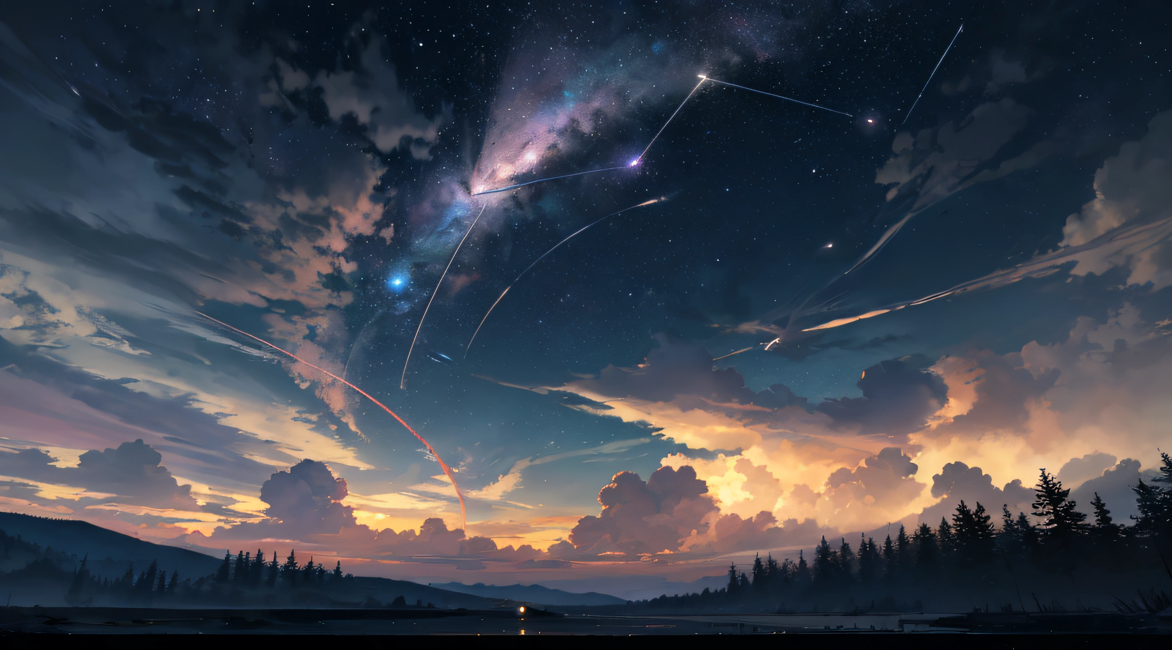 Expansive landscape photograph,(moon full:1.2),(meteors:0.9),(Starcloud:1.3),(Warm light source:1.2),(glowworm:1.2),lamp lights,Lots of purple and orange,Complicated details,Volumetriclighting,Realism BREAK(tmasterpiece:1.2),(best qualtiy),8K,Ultra-detailed,(dynamic compositions:1.4),The is very detailed,Colorful details,(Irridescent color:1.2),(luminouslighting,Atmospheric lighting),dream magical,magical,(独奏:1.2),((best qualtiy)), ((tmasterpiece)), (the detail:1.4),depth of fields,maximum definition and sharpness,perfectly proportions,Fluttering clouds,Wallpapers