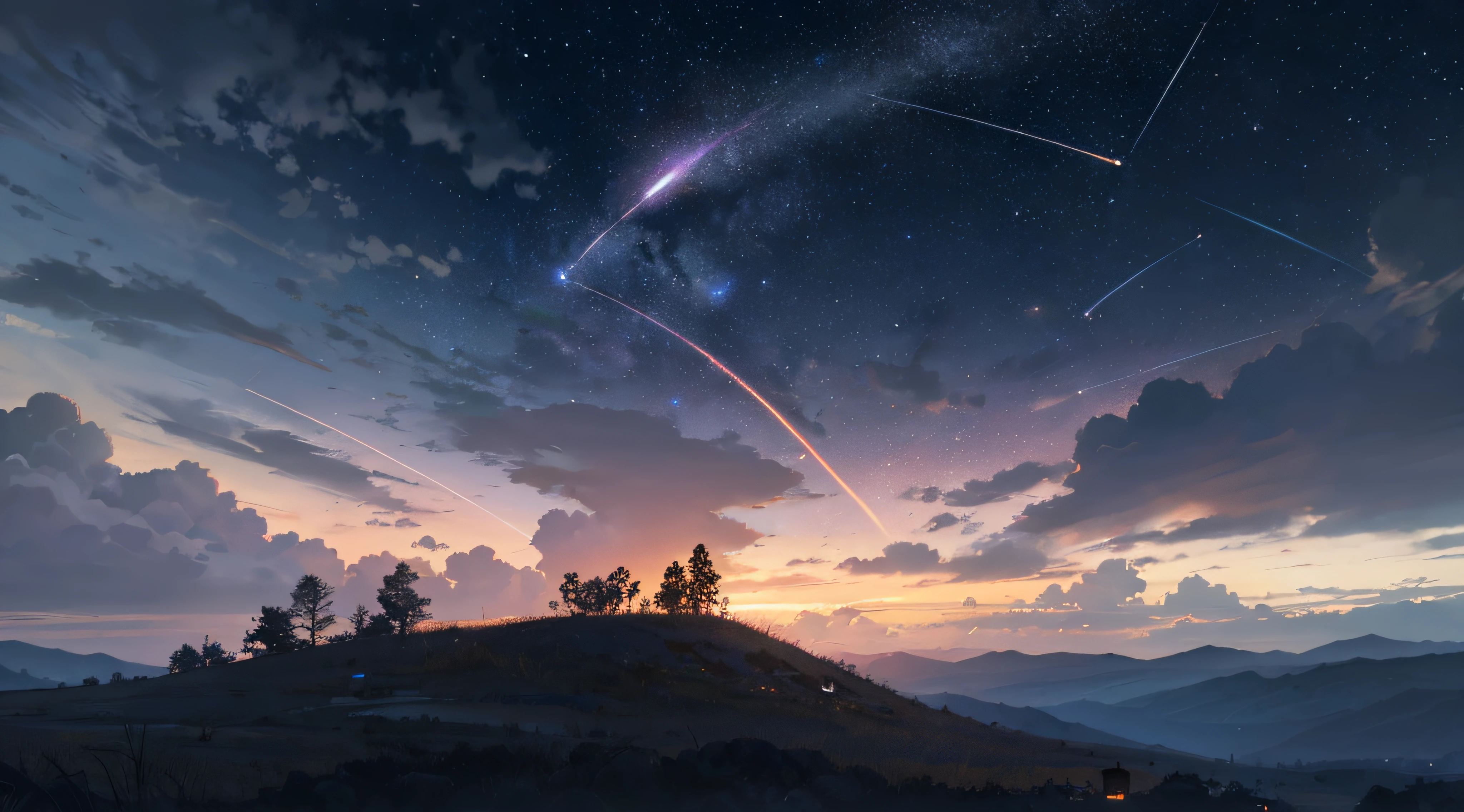 Expansive landscape photograph,(moon full:1.2),(meteors:0.9),(Starcloud:1.3),(Warm light source:1.2),(glowworm:1.2),lamp lights,Lots of purple and orange,Complicated details,Volumetriclighting,Realism BREAK(tmasterpiece:1.2),(best qualtiy),8K,Ultra-detailed,(dynamic compositions:1.4),The is very detailed,Colorful details,(Irridescent color:1.2),(luminouslighting,Atmospheric lighting),dream magical,magical,(独奏:1.2),((best qualtiy)), ((tmasterpiece)), (the detail:1.4),depth of fields,maximum definition and sharpness,perfectly proportions,Fluttering clouds,Wallpapers