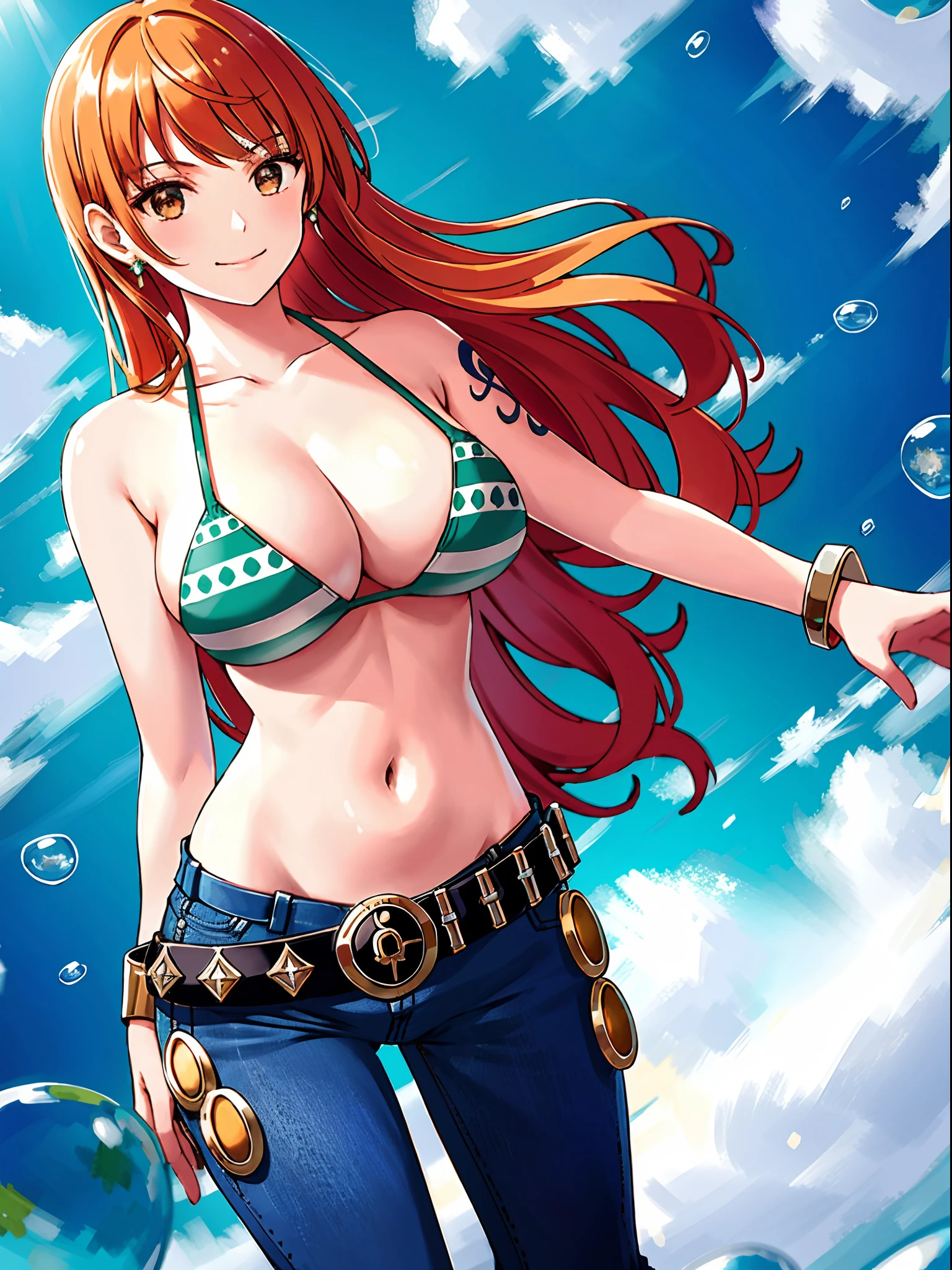 detailed background, masterpiece, best quality, 1girl, solo, robin \(one piece\), 1girl, bangle, arm folded, bangs, bare shoulders, belt, bikini, bikini top only, blue sky, bracelet, breasts, brown eyes, bubble, cleavage, cloud, cowboy shot, day, denim, earrings, floating hair, green belt, green bikini, groin, jeans, jewelry, large breasts, log pose, long hair, looking at viewer, navel, orange hair, pants, shoulder tattoo, sidelocks, sky, smile, solo, standing, stomach, swimsuit, tattoo , looking at viewer