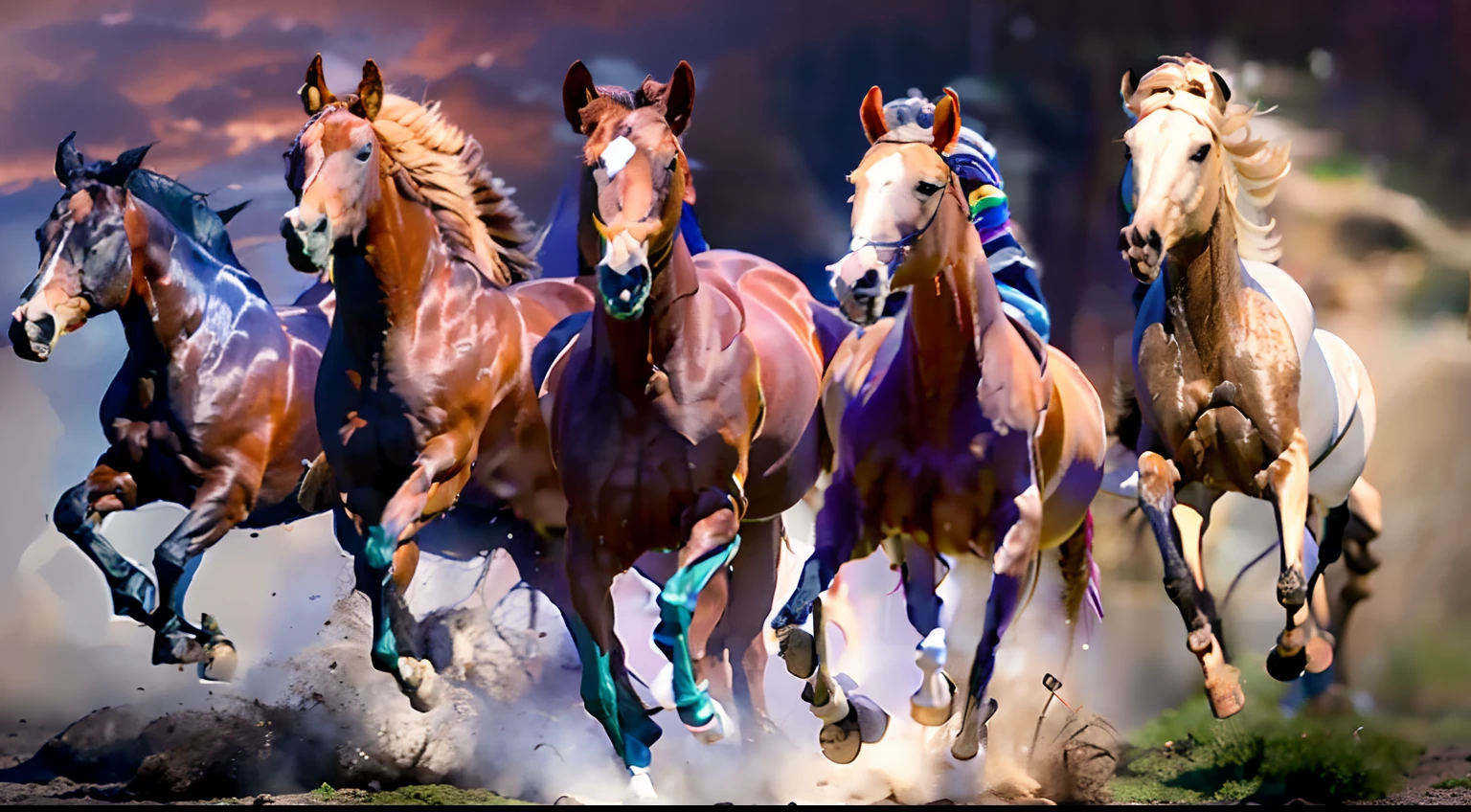 8 horses，1#cavalos，2#cavalos，3#cavalos，4#cavalos，5#cavalos，6#cavalos，7#cavalos，8#cavalos。The eight horses in the herd are clustered together and gallop across the grassland like clocks。Light-cast war horses from the High Heavens and nightmares from hell become the upper and lower ends of the main tone of the picture，Make the sky of the steppe brighter，The earth is deeper。The wind wings of the wind elf horse let its position be erratic，The mechanical horse is full of mecha beauty。Unicorns show their beauty in a rainbow neon light，On the side is the fairy dragon horse competing with it。The female knight is charging on her knightly warhorse，There is no doubt that she is the protagonist of this picture。There is also a horse from unknown territory mixed in，It has a weird style and chaotic colors that are almost unimaginable。Use the Latent couple plugin to make all eight horses have independent images，Some positions use stacking and nesting and perspective composition，Make the most of canvas space。With Midjourney's advanced brush tools and palettes and strokes, experiment with different models and materials to create a surreal look for your scene，Add complex textures and light and shadow effects to all your horses' looks，Add realism and surrealism，Emphasis is placed on the strength and speed of the horse。Use Midjourney's powerful tools，You can bring this magnificent and futuristic scene to life with incredible detail and beauty。 Large wide angle，Ultra-grand scenes，super wide shot， hdr，（真实感，Masterpiece quality，best qualtiy），
