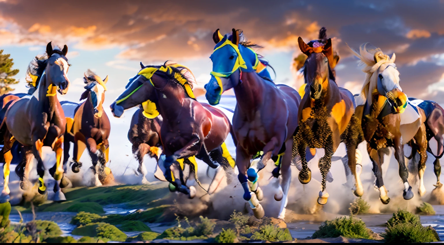 8 horses,1#cavalos,2#cavalos,3#cavalos,4#cavalos,5#cavalos,6#cavalos,7#cavalos,8#cavalos。The eight horses in the herd are clustered together and gallop across the grassland like clocks。Light-cast war horses from the High Heavens and nightmares from hell become the upper and lower ends of the main tone of the picture,Make the sky of the steppe brighter,The earth is deeper。The wind wings of the wind elf horse let its position be erratic,The mechanical horse is full of mecha beauty。Unicorns show their beauty in a rainbow neon light,On the side is the fairy dragon horse competing with it。The female knight is charging on her knightly warhorse,There is no doubt that she is the protagonist of this picture。There is also a horse from unknown territory mixed in,It has a weird style and chaotic colors that are almost unimaginable。Use the Latent couple plugin to make all eight horses have independent images,Some positions use stacking and nesting and perspective composition,Make the most of canvas space。With Midjourney's advanced brush tools and palettes and strokes, experiment with different models and materials to create a surreal look for your scene,Add complex textures and light and shadow effects to all your horses' looks,Add realism and surrealism,Emphasis is placed on the strength and speed of the horse。Use Midjourney's powerful tools,You can bring this magnificent and futuristic scene to life with incredible detail and beauty。 Large wide angle,Ultra-grand scenes,super wide shot, hdr,(真实感,Masterpiece quality,best qualtiy),