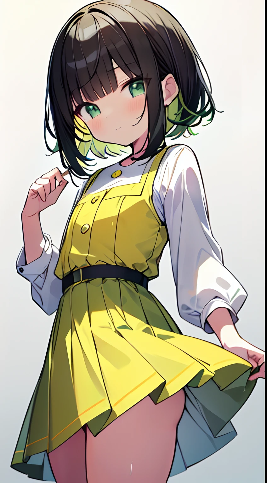 masutepiece, Best Quality,Illustration, Wallpaper, Ultra Detail, absurderes, 1loli,Solo,Beautiful detailed eyes,
Bangs, Medium Short-Cut Hair, (XD)、(((Cute yellow-green and white outfit)))、((Flipped skirt))、((small curvy loli))
