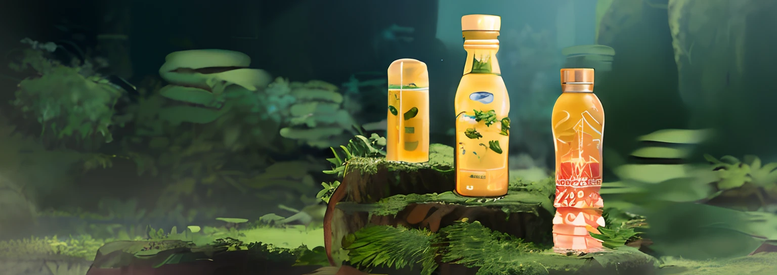 There are three bottles of drinks on the mossy surface, inspired by Luo Ping, inspired by Luo Mu, Official product photo, high quality topical render, product introduction photos, Product photo, drink, highly detailed product photo, juice, Official product image, miniature product photo, Inspired by Cao Zhibai, noon, inspired by Cao Buxing, Refreshing