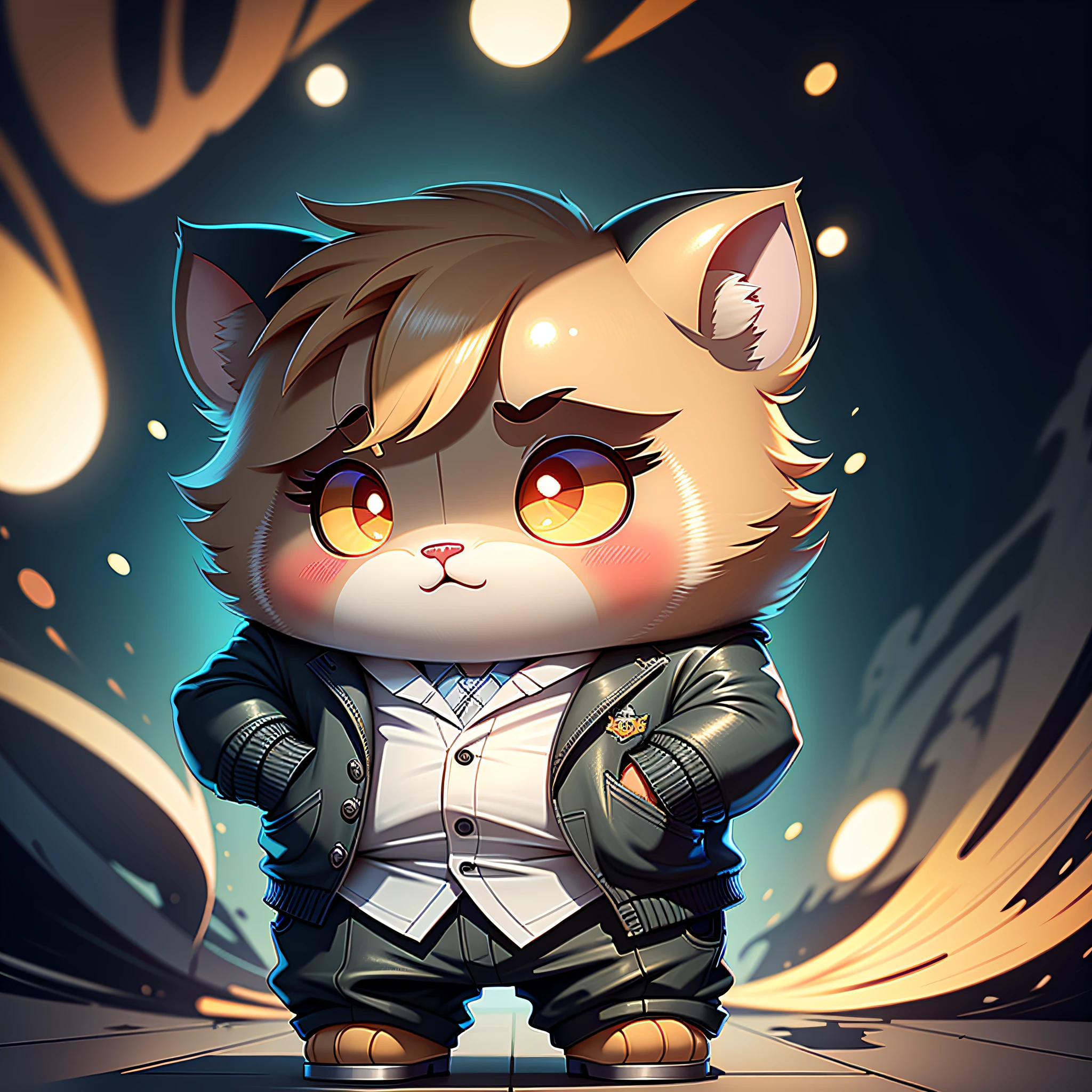c4tt4stic, (hamster:1.3),full bodyesbian:1.2,dressed in a suit,in blouse wearing,Wear black leather shoes,Put your hands in your pockets,{super detailing,超高分辨率,realisticlying,Super quality,复杂},