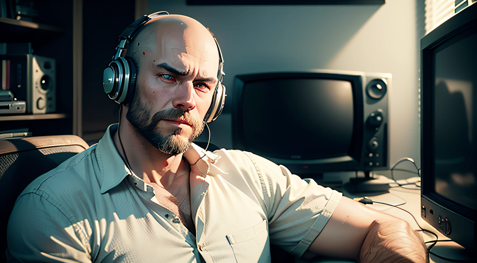 there is a bald bearded blonde Norwegian man with a colorful neo-traditional dragon full neck tattoo wearing headphones and a loose-fitting white button-front shirt inside a television set, lofi portrait, digital art ilya kuvshinov, satoshi kon artstyle, ilya kuvshinov. 4 k, 8k portrait render, realism | beeple, lofi art, unreal engine. retro film still, lofi artstyle