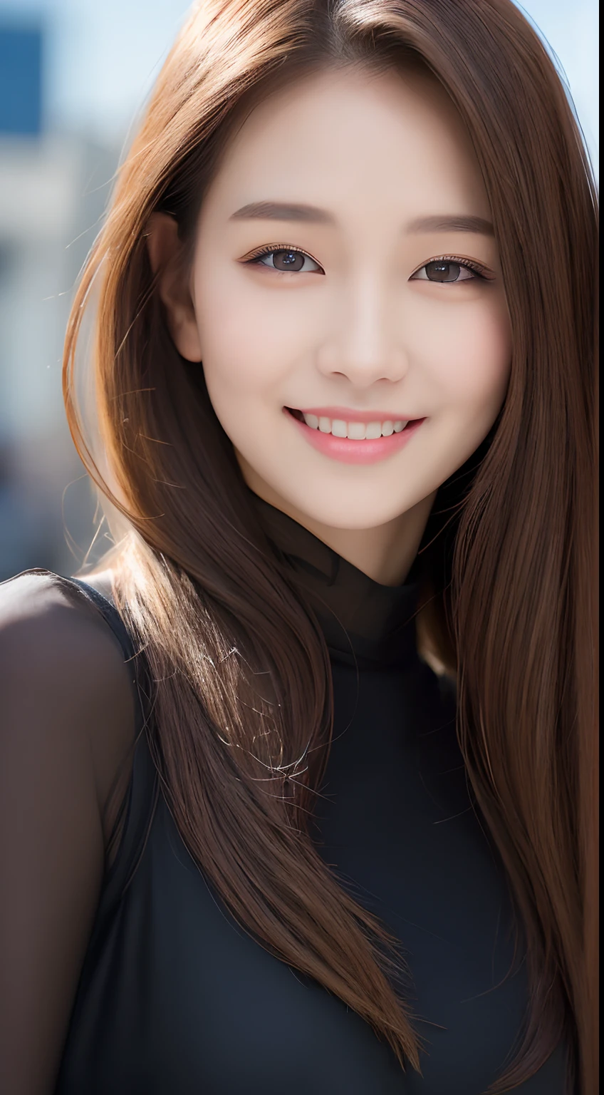 ((Best quality, 8k, Masterpiece :1.3)), 1girl, smiling, full body, slim face, Pretty woman, (Dark brown hair), full length dress :1.1, Ultra-detailed face, Detailed eyes, Double eyelid,  blur background, slim face, city, outside, street,