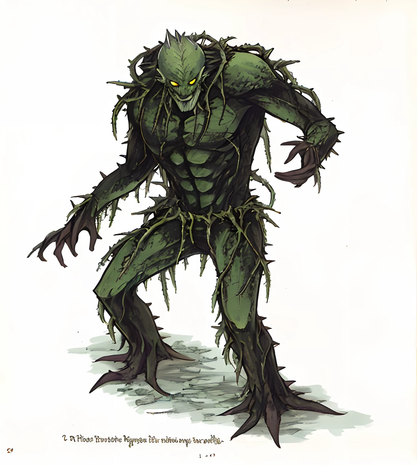 by bestiary_style, a drawing of a swamp creature with a long, spiky body, swamp monster, inspired by Bernie Wrightson, swamp monster of ice, swamp thing, a humanoid thistle monster, elder thing, orc fused with vines, creature concept art, monster concept art, orc merged with vines, creature design, eldritch abomination, as a d & d monster