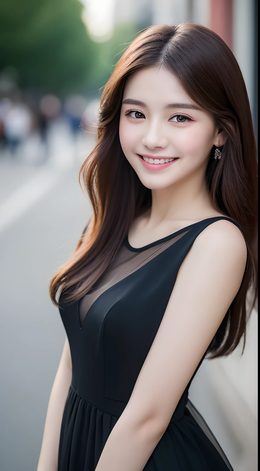 ((Best quality, 8k, Masterpiece :1.3)), 1girl, smiling, full body, slim face, Pretty woman, (Dark brown hair), full length dress :1.1, Ultra-detailed face, Detailed eyes, Double eyelid,  blur background, slim face, city, outside, street,