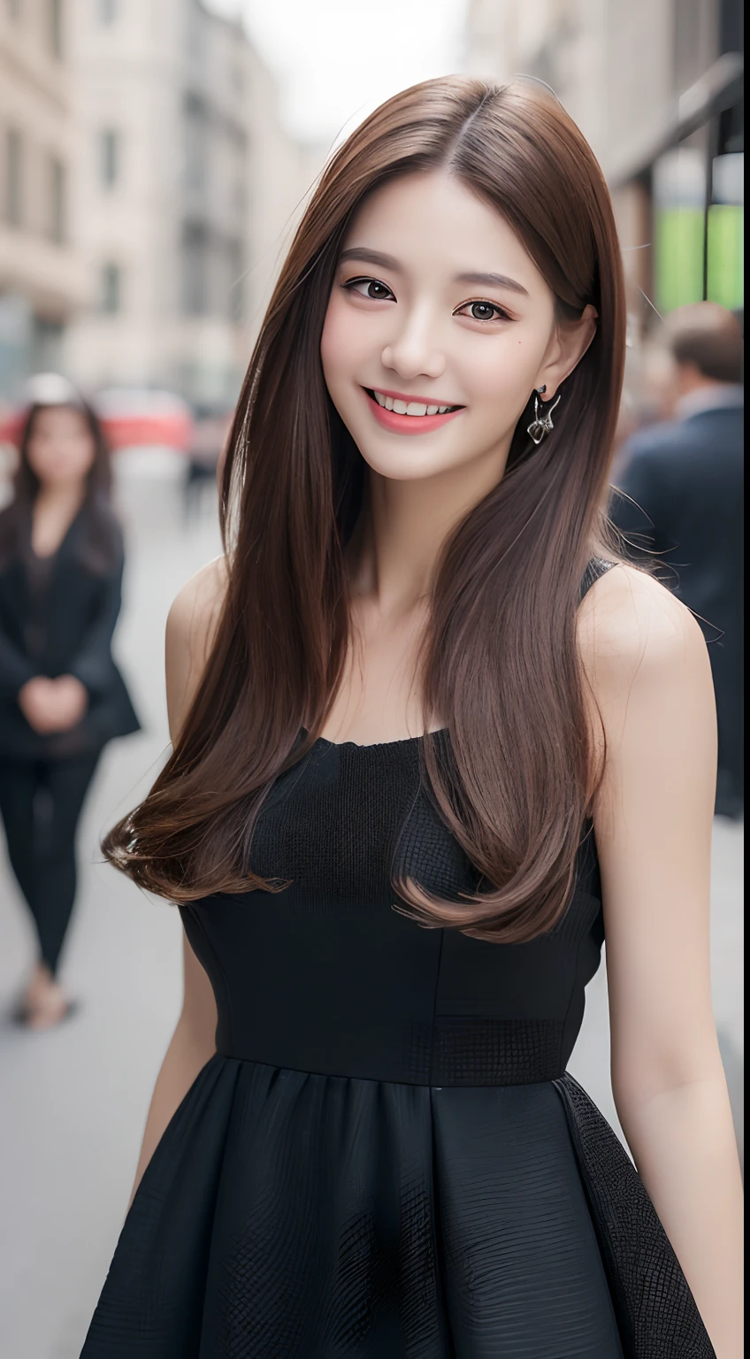 ((Best quality, 8k, Masterpiece :1.3)), 1girl, smiling, full body, slim face, Pretty woman, (Dark brown hair), full length dress :1.1, Ultra-detailed face, Detailed eyes, Double eyelid, blur background, slim face, city, outside, street,