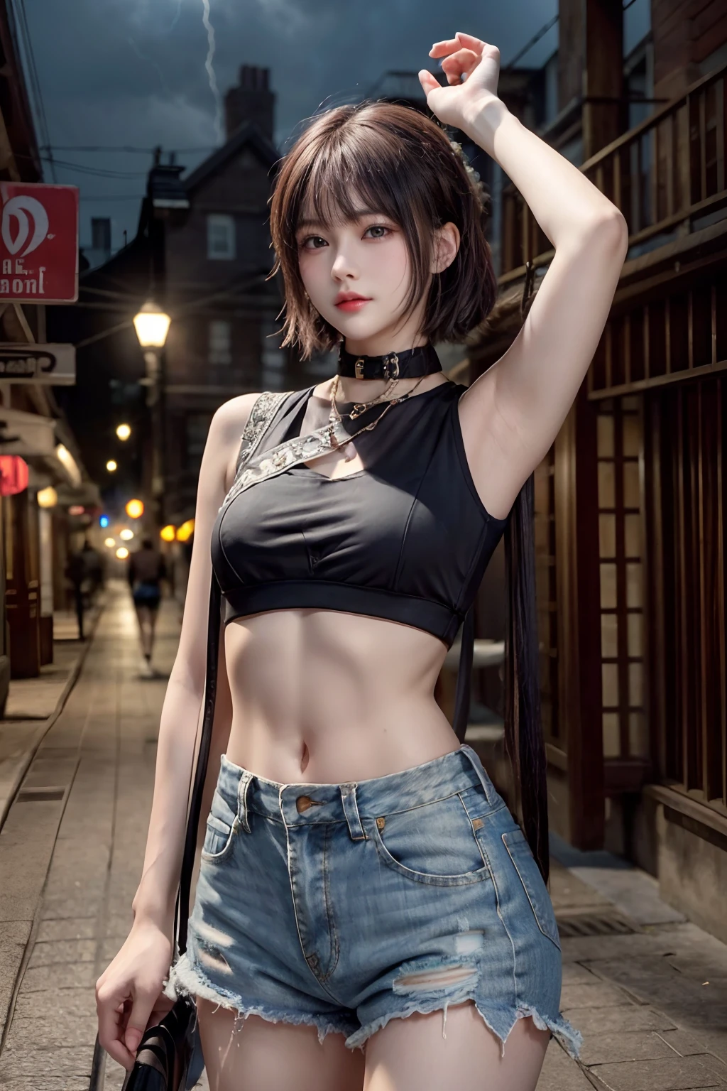 ((medium breast, tomboy girls, small head)), daylight, sunlight, (chiseled abs : 1.1), (perfect body : 1.1), (short wavy hair : 1.2) , auburn hair, collar, chain, full body shot, crowded street, wearing black tanktop, jeans jacket, ((shorts)), (extremely detailed CG 8k wallpaper), (an extremely delicate and beautiful), (masterpiece), (best quality:1.0), (ultra highres:1.0),  beautiful lighting ,perfect lightning, realistic shadows, [highres], detailed skin, ultra-detailed