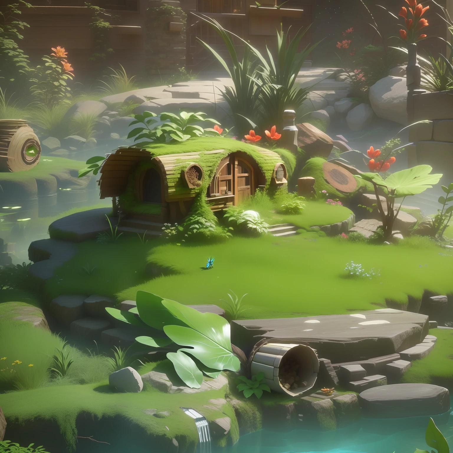 There is an insect nest made of logs and grass, There are stone steps at the mouth of the nest，stylized 3d render, 3 d render stylized, stylized as a 3d render, 3 d stylize scene, Stylized concept art, fantasy style 8 k octane render, Stylized game art, cute 3 d render, environment artist, elves house, lush garden spaceship