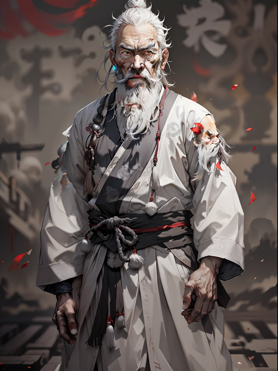 Chinese Ancient Times, An old man, Asian people，gray hair and beard, Black eyes，Thin body, Weakness of the body，standing on your feet, The background is a prison，Look at the camera with determined eyes, dressed white hanfu, There is no pattern，China-style, first person perspective, Masterpiece, ccurate, Anatomically correct, Super detail