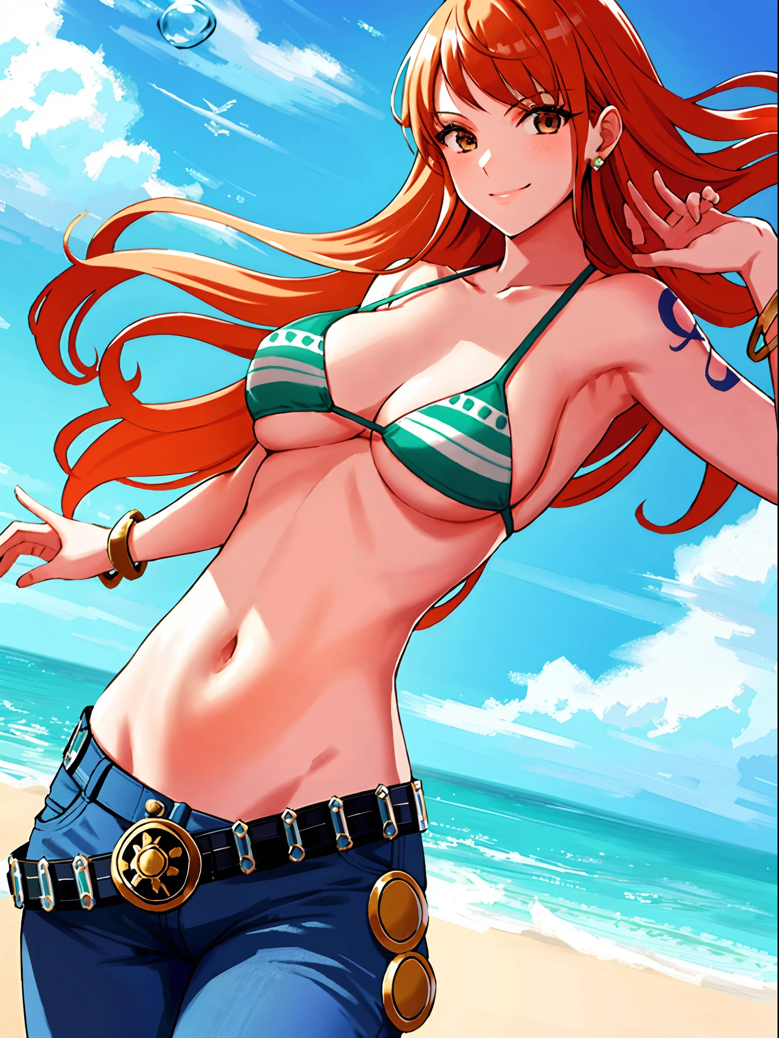 detailed background, masterpiece, best quality, 1girl, solo, robin \(one piece\), 1girl, bangle, arm folded, bangs, bare shoulders, belt, bikini, bikini top only, blue sky, bracelet, breasts, brown eyes, bubble, cleavage, cloud, cowboy shot, day, denim, earrings, floating hair, green belt, green bikini, groin, jeans, jewelry, large breasts, log pose, long hair, looking at viewer, navel, orange hair, pants, shoulder tattoo, sidelocks, sky, smile, solo, standing, stomach, swimsuit, tattoo , looking at viewer