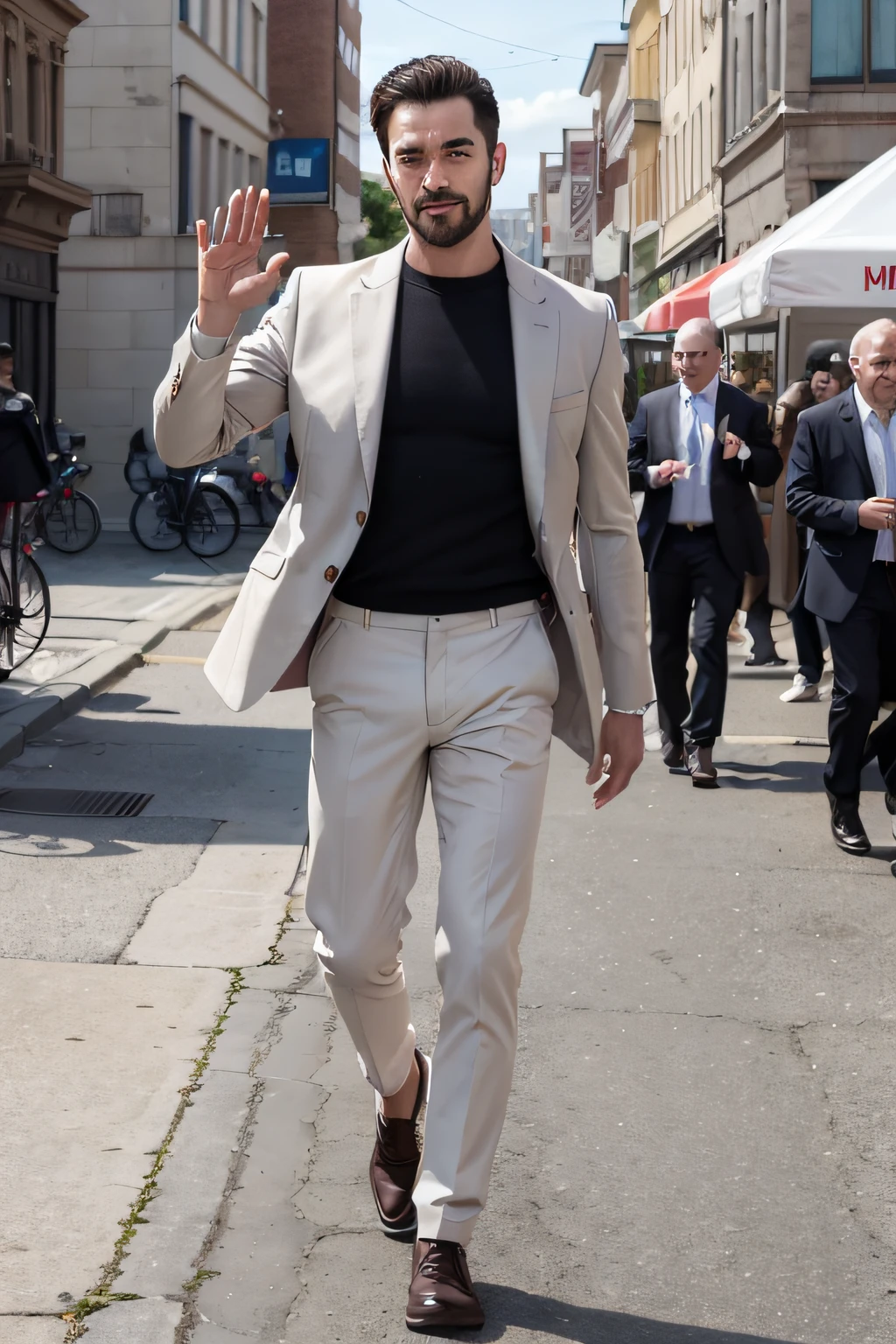 handsome man walking towards viewer, waving at viewer