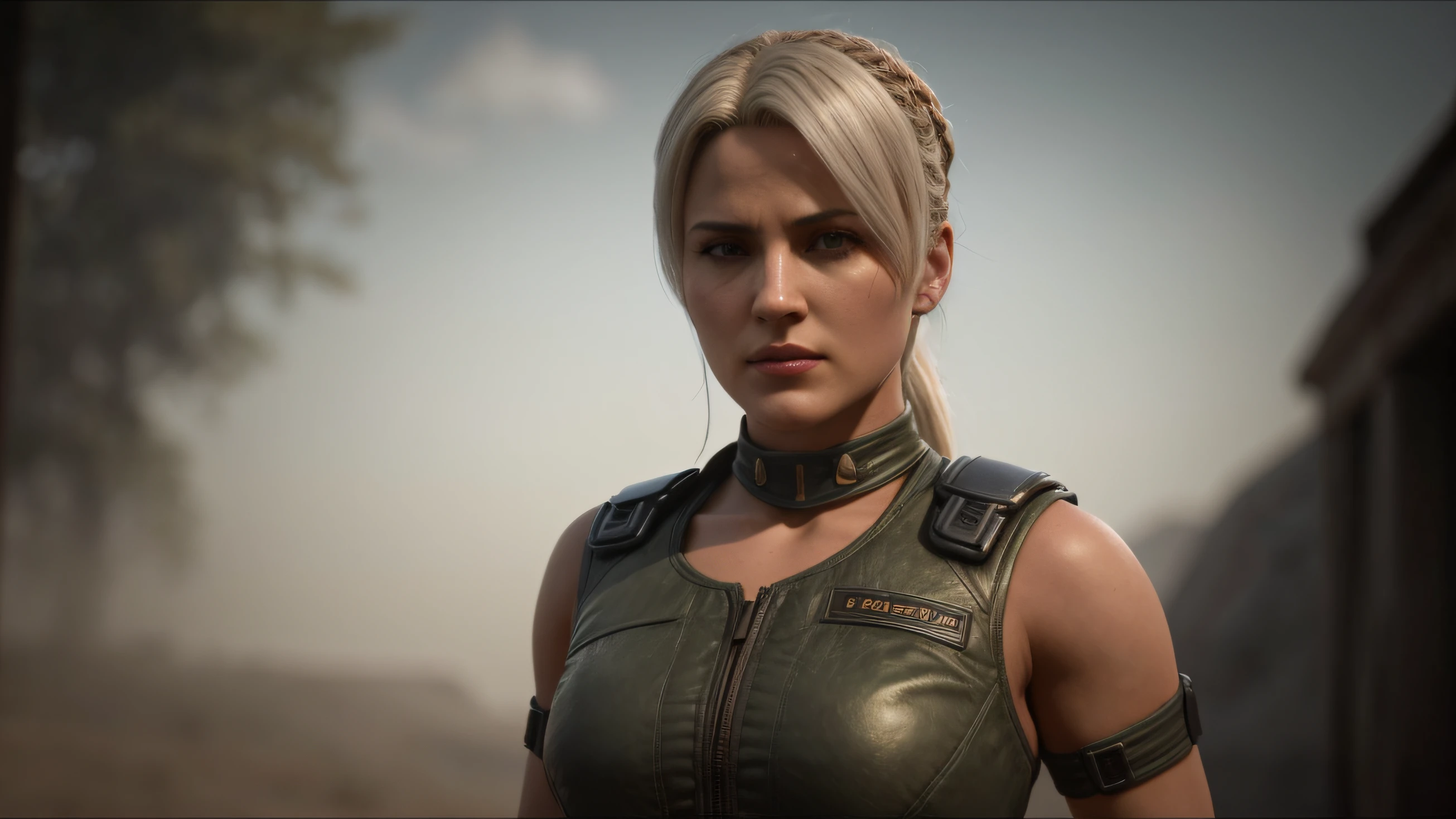 um close up de uma pessoa com um cabelo rabo de cavalo , protagonista feminina, personagem feminina, arte do personagem do motor irreal, personagem feminina solo, Personagem close up, novo personagem, , cinematic bust shot, Retrato de um mago feminino, cinematic close-up of bust, close-up do personagem, cinematic goddess shot, Sonya Blade para Mortal Kombat 11