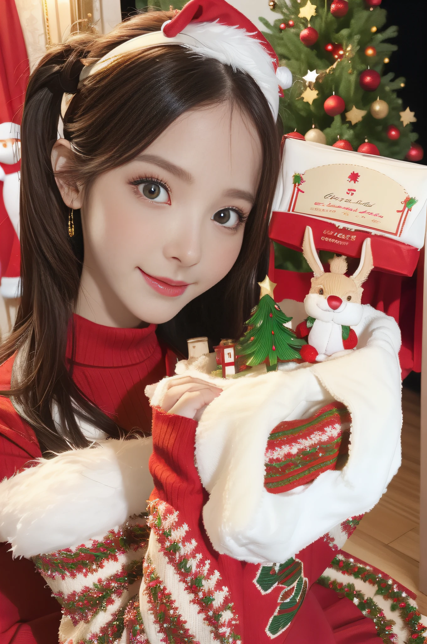 A woman in a red sweater，Black background cloth，Christmas tree Christmas Eve，Christmas gifts，cute girly，Fawn accessories on the head，Sweet and cute girl，Exquisite facial features，Holding a Christmas present，full body shot shot，50 rounds，Surreal style，Stereo light，Glad，