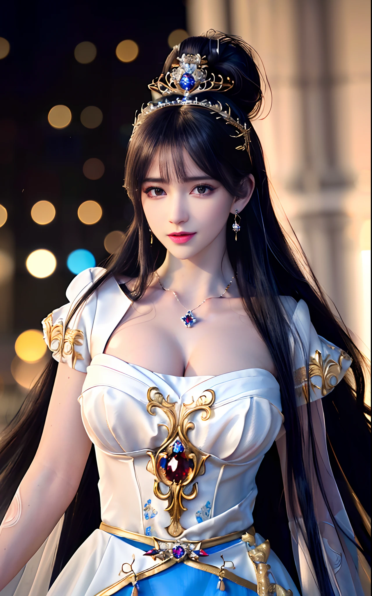 ((realisticity: 1.2)), ((realistic: 8K UHD)), ((best resolution: 8K UHD)), hyper detailed, best quality,masterpiece,highres,cg,
((1 hyper detailed and hyper realistic girl)), ((very beautiful queen dazzling, hyper realistic, and hyper detailed)),((white skin, beautiful, smooth, youthful, hyper realistic and hyper detailed
)), ((Hyper beautiful face, white, hyper realistic and hyper detailed)), long hair, ((hyper realistic and hyper detailed dress)), solo, ((hyper realistic, hyper beautiful, gorgeous and hyper detailed jewelry)), ((hyper beautiful, hyper realistic and hyper detailed dark red and golden yellow dress)),
((Hyper beautiful, hyper realistic, hyper detailed diamond filled earrings)),
((Hyper beautiful, hyper realistic and hyper detailed diamond filled hair ornament)), ((hyper beautiful upper body, hyper beautiful, hyper
realistic and hyper detailed)), ((hyper realistic and hyper detailed fingers and palms)), ((big breasts: 2.5)),
((Hyper grand, hyper realistic and hyper detailed royal palace backgroun))
((Hyper beautiful, hyper beautiful, hyper realistic and hyper detailed hair bun)), ((hyper beautiful, hyper realistic and hyper detailed blue hair)),
candid, Photograph, high resolution, 8k,Bokeh,
