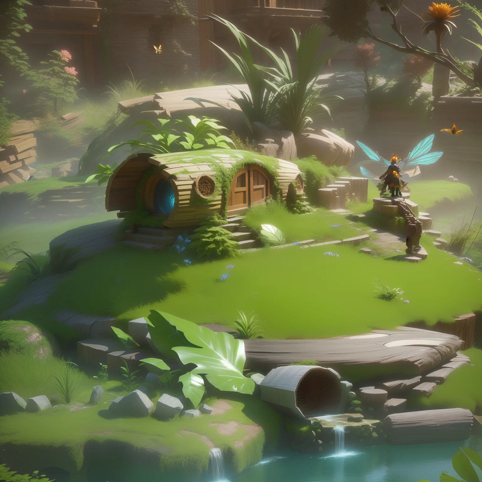 There is an insect nest made of logs and grass, There are stone steps at the mouth of the nest，stylized 3d render, 3 d render stylized, stylized as a 3d render, 3 d stylize scene, Stylized concept art, fantasy style 8 k octane render, Stylized game art, cute 3 d render, environment artist, elves house, lush garden spaceship