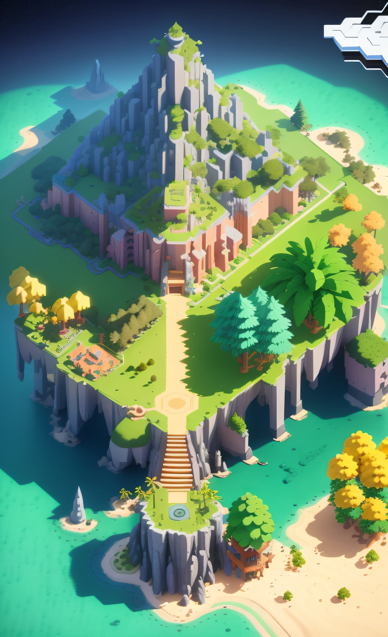 game map,( game concept art design:1.1), isometric art, (cartoon hand drawn style:1.2), simple geometry,(colorful:0.6),detail,flat game art,3d,low mesh, overlooking,viewed from above,plat,(bush,:1.2),(night:1.3),(interiors:1.3),surrounding walls, stone pillars, flat land in the middle, tropical rainforest, coconut trees, shrubs, grass,game engine rendering, super high quality rendering, crisp lines, geometry,masterpiece,best quality,official art,C4D,extremely detailed CGunity 8K wallpaper, highly detailed, illustration,unreal engine,artstation,unreal 5, daz, hyperrealistic, octane render, high-quality shadows,