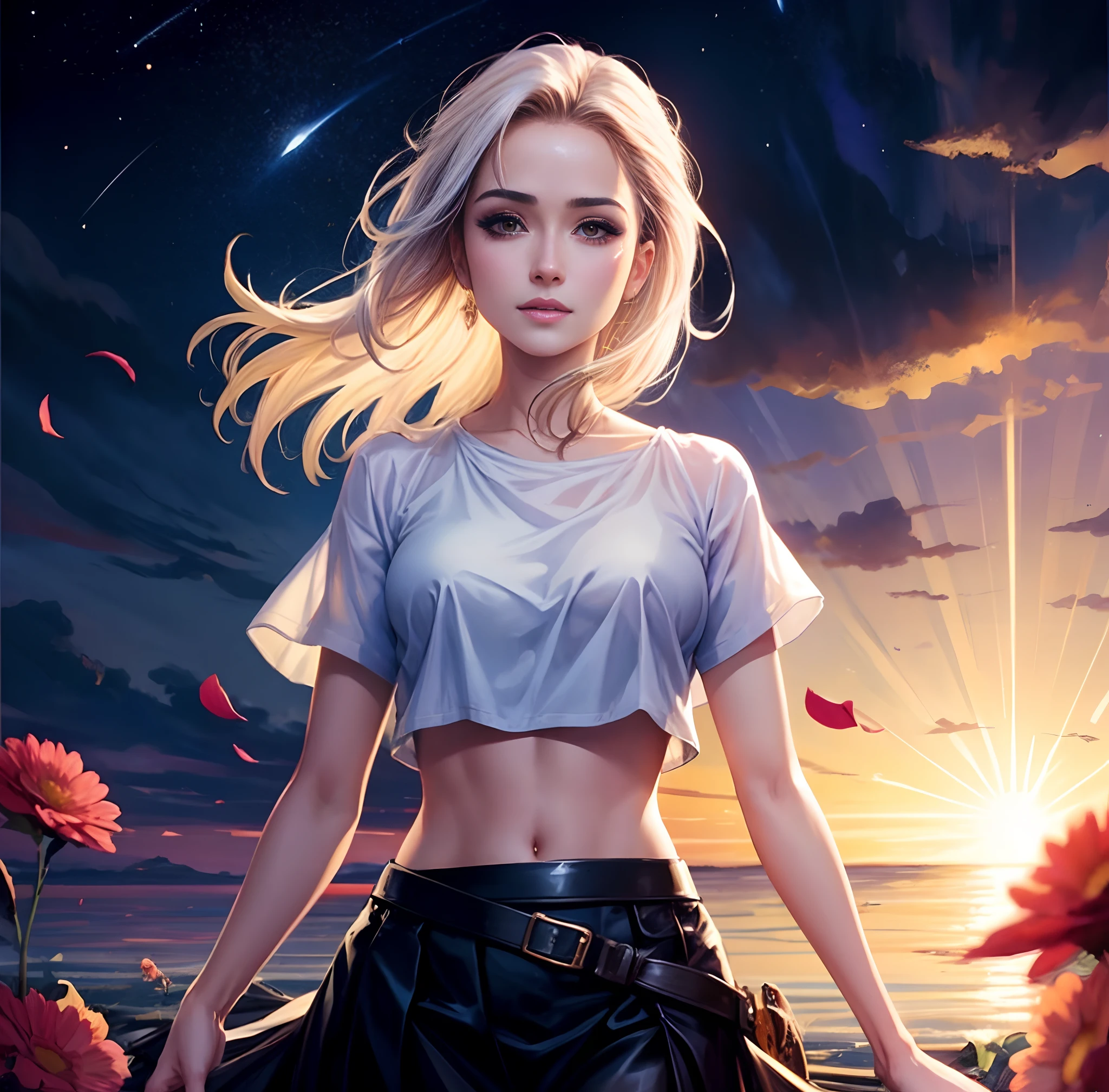 Salma Hayek  as  woman in a white shirt and black skirt standing in a field of flowers, ross tran style, alena aenami and artgerm, rossdraws 1. 0, anime style 4 k, inspired by Ross Tran, rossdraws global illumination, rossdraws 2. 5, loish and ross tran, in the style of ross tran, inspired by rossdraws