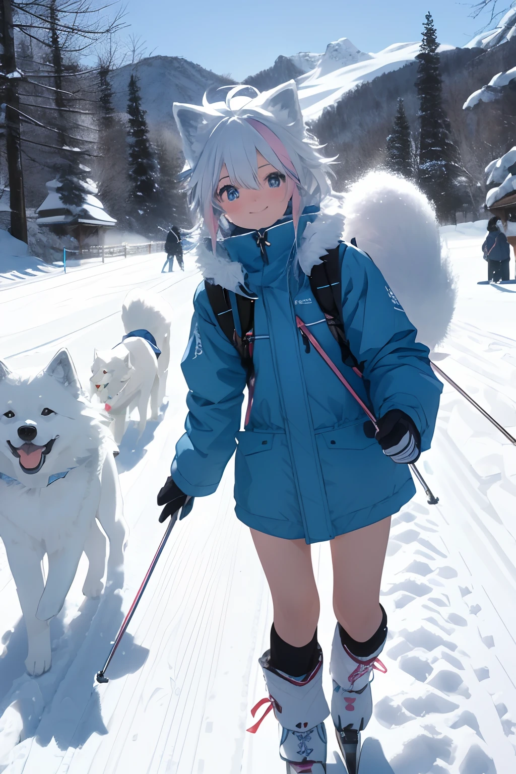 9. The character:Polaris and her Samoyed dogs skied and flew through the snow。 appearance:Light blue shoulder-length hair,Dark blue pupils,Wears a blue outfit,Mixed with a little warm pink。Samoyed dogs have white fur。 nature:Lively and welcoming,Helpful。 Hobbies:photography of,skiing,skating,ice - carving。 scene:Polaris and her group of Samoyed dogs skied and flew through the snow。The dogs run through the snow with sleds,Polaris couldn't keep his mouth shut with a smile,Feel joy and freedom。