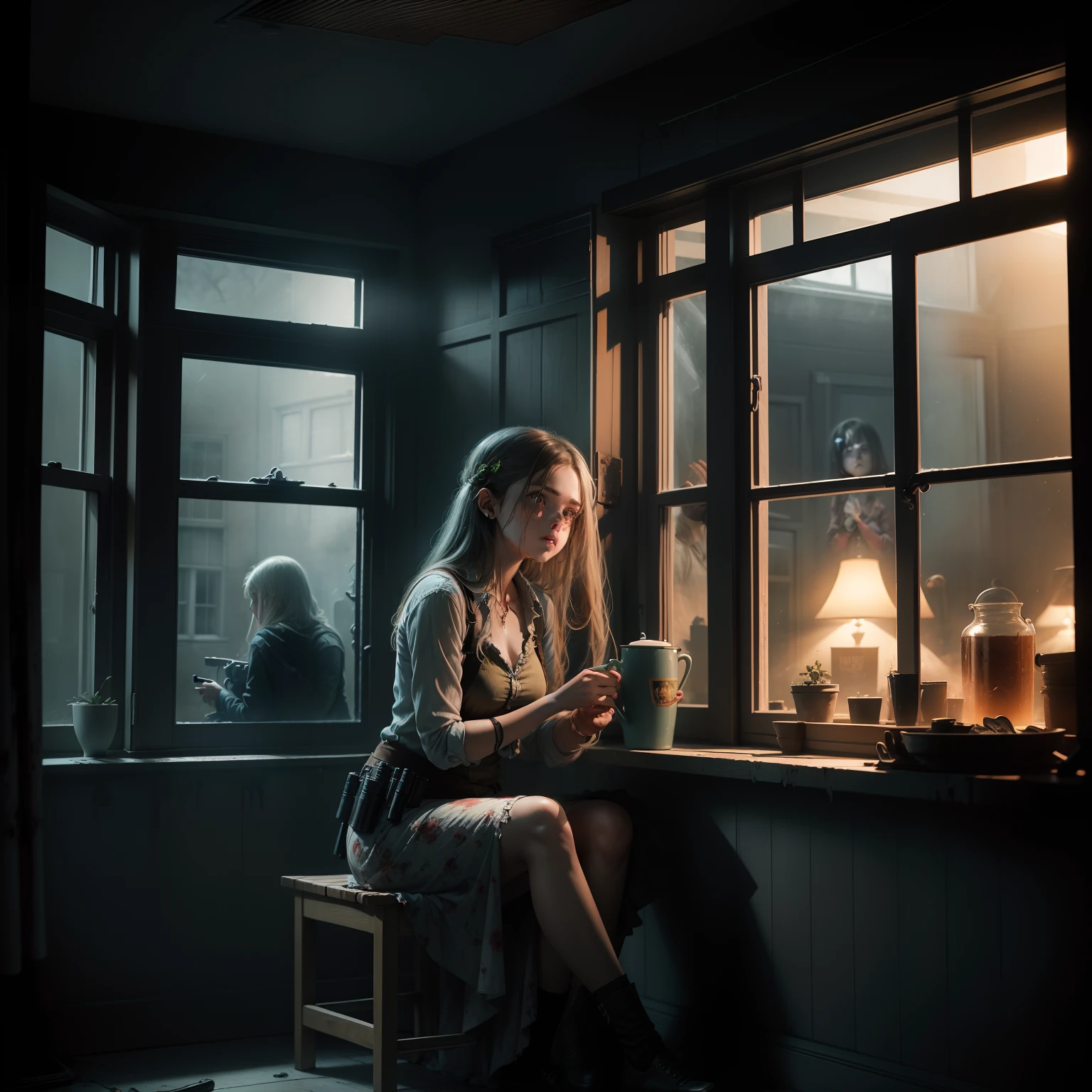 Two subjects,One in the house one outside, One in the house one out, A beautiful girl sits in the house drinking tea, girl is not zombie, A rifle on her hand,
Zombies stand outside the window.
The girl looks at the zombie,
Add a zombie in a window,
More zombies at the window.