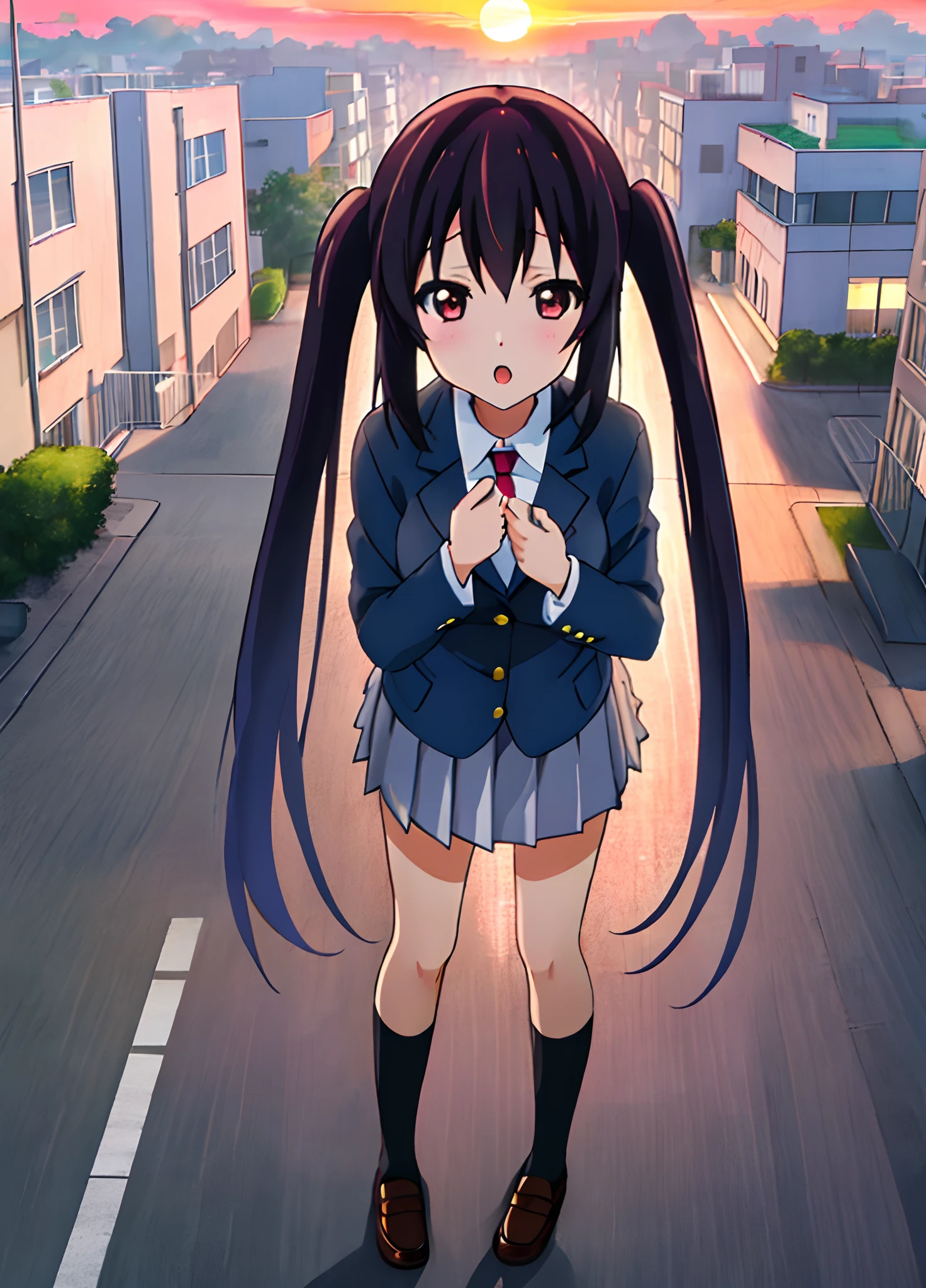 1girl, (((​masterpiece))), top-quality, top-quality, High Details, nakano azusa, 1girl, Sakuragaoka High School Uniform, student clothes, Twin-tailed, length hair, A dark-haired, brown-eyed, 独奏, reddish, Dark blue blazer with thin red ribbon, Solid white buttoned shirt under blazer, illustratio, comic strip, soothing tones, Subdued Color, Soft cinematic light, adobe lightroom, photolab, HDR, intricately and hyper-detailed、(((depth of fields))))。(((​masterpiece)))。(((top-quality))).)((ultra-detailliert)))。(((illustratio)))。(((takeout))).dynamic focus.big breasts.(((Skyscrapers))).(((A city scape))).(((Face of sadness))). open mouth.(((put hands on the hip))).(((up chest))).((evening glow)).((the setting sun)).