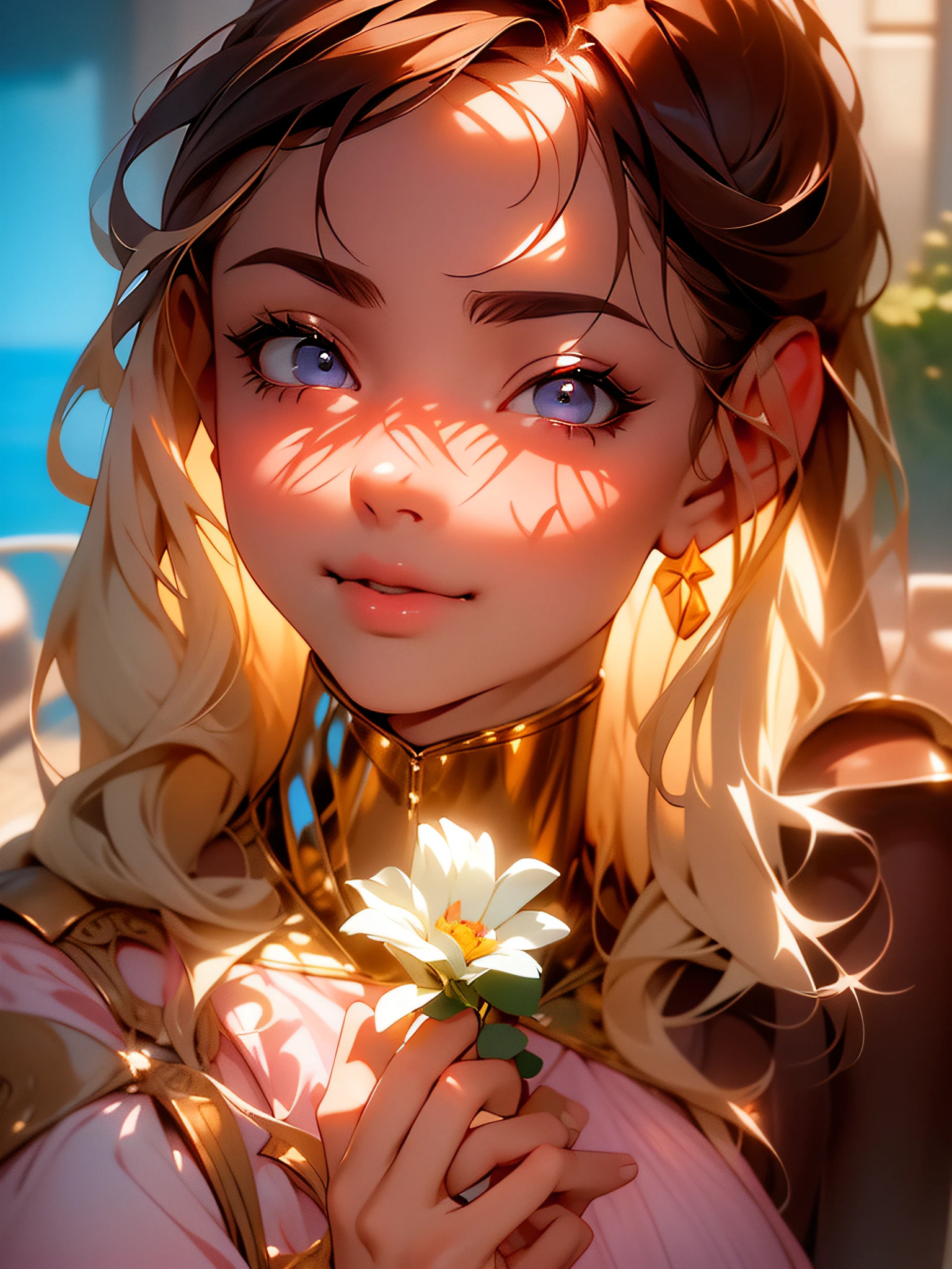 (master piece), best quality, expressive eyes, perfect face, Portrait of cute model wearing nice pink dress, pretty eyes, catchlight effects, puffy and rosy cheeks, shy smile, pouting lips, light lipstick, flirtatious look, garden, flowers, niji style, anime, Cartoon, Pixar, 夏天, Sunny Highlight, global illumination, intricate features, highly detailed, digital illustation, vray tracing, HDR, 8k