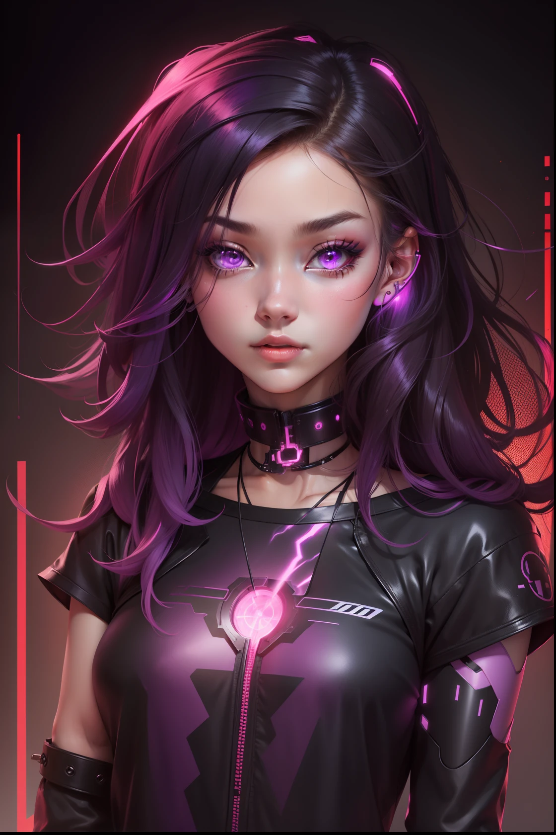 1 girl, beaming colors, bright colors, brilliant colors, burnt amber, cooper color, dark pink colors, dark vibrant colors, dark purple, dark pink, dark violet, electric colors, futuristic, realistic art --niji --q 0.25