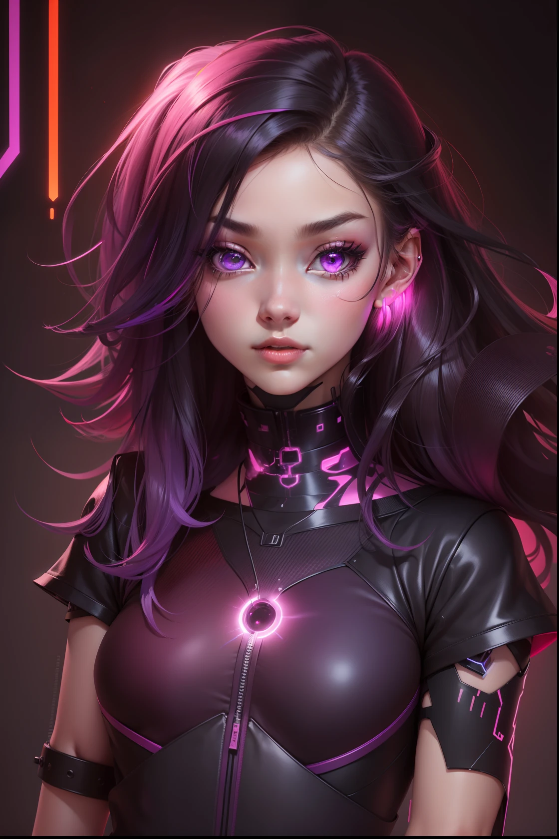 1 girl, beaming colors, bright colors, brilliant colors, burnt amber, cooper color, dark pink colors, dark vibrant colors, dark purple, dark pink, dark violet, electric colors, futuristic, realistic art --niji --q 0.25