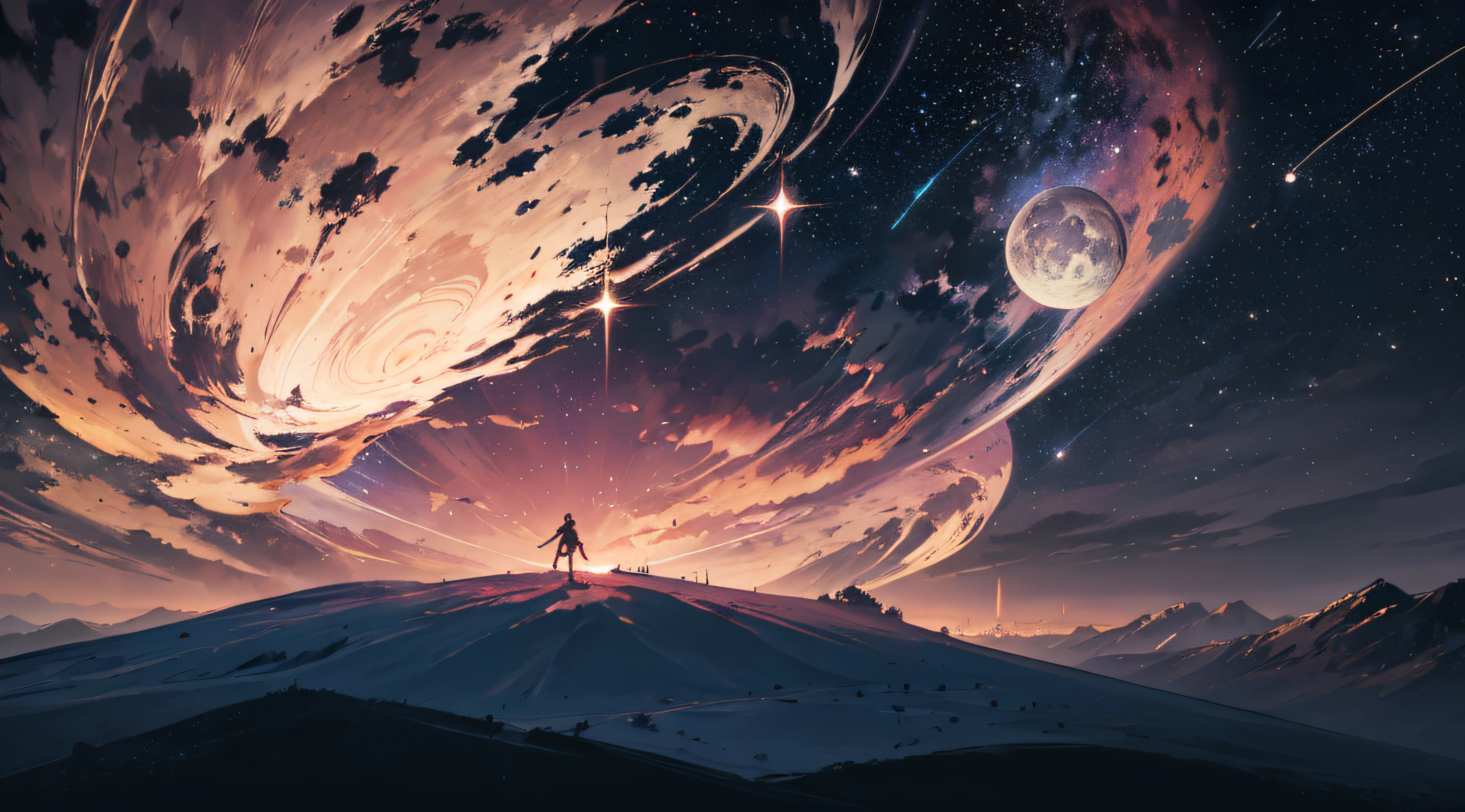 Expansive landscape photograph，（moon full：1.2），（meteors：0.9），（Starcloud：1.3），（Warm light source：1.2），（glowworm：1.2），lamp lights，Lots of purple and orange，Complicated details，Volumetriclighting，Realism BREAK（tmasterpiece：1.2），（best qualtiy），8K，Ultra-detailed，（dynamic compositions：1.4），The is very detailed，Colorful details，（Irridescent color：1.2），（luminouslighting，Atmospheric lighting），dream magical，magical，（独奏：1.2），（（best qualtiy））， （（tmasterpiece））， （the detail：1.4），depth of fields，maximum definition and sharpness，perfectly proportions，Fluttering clouds，Wallpapers