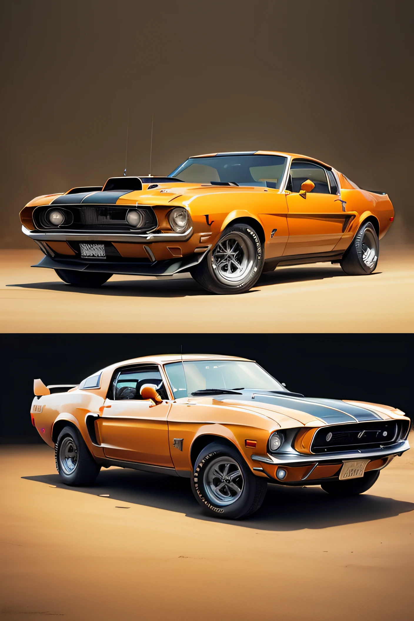 An orange mustang cart,There are black stripes on the front, mustang, muscle car, 1 9 7 0 Crop the collage, D's, 2 d, vehicle illustration, Orange racing, vintage car, illustratio, seventies, 70s design, Color illustration, vintage car, 2 d cg