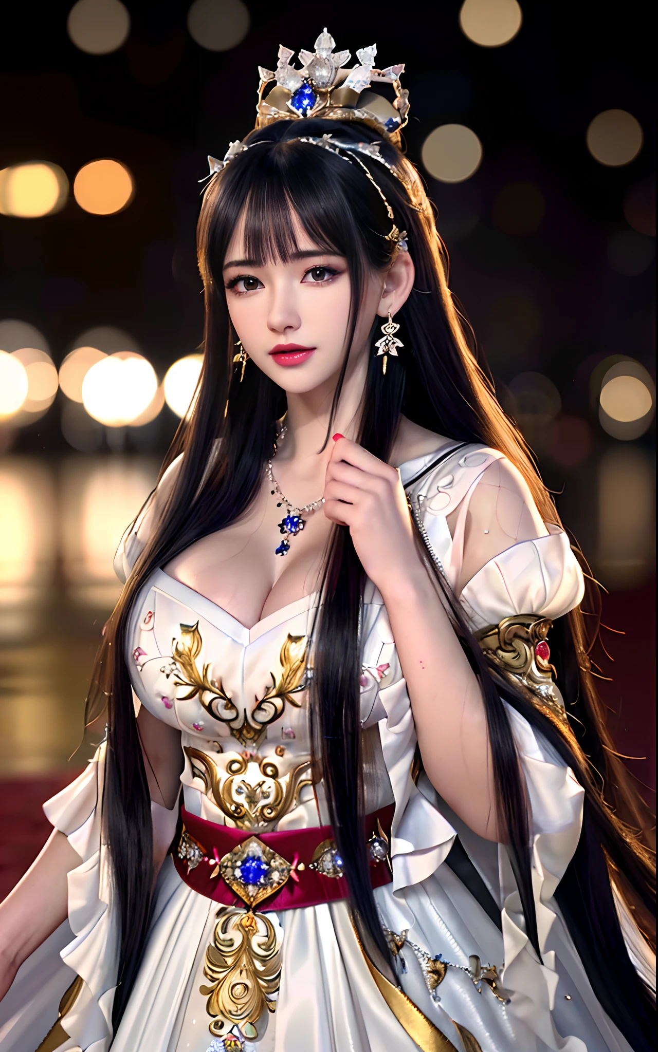 ((realisticity: 1.2)), ((realistic: 8K UHD)), ((best resolution: 8K UHD)), hyper detailed, best quality,masterpiece,highres,cg,
((1 hyper detailed and hyper realistic girl)), ((very beautiful queen dazzling, hyper realistic, and hyper detailed)),((white skin, beautiful, smooth, youthful, hyper realistic and hyper detailed
)), ((Hyper beautiful face, white, hyper realistic and hyper detailed)), long hair, ((hyper realistic and hyper detailed dress)), solo, ((hyper realistic, hyper beautiful, gorgeous and hyper detailed jewelry)), ((hyper beautiful, hyper realistic and hyper detailed dark red and golden yellow dress)),
((Hyper beautiful, hyper realistic, hyper detailed diamond filled earrings)),
  ((Hyper beautiful, hyper realistic and hyper detailed diamond filled hair ornament)), ((hyper beautiful upper body, hyper beautiful, hyper 
 realistic and hyper detailed)), ((hyper realistic and hyper detailed fingers and palms)), ((big breasts: 2.5)), 
((Hyper grand, hyper realistic and hyper detailed royal palace backgroun))
((Hyper beautiful, hyper beautiful, hyper realistic and hyper detailed hair bun)), ((hyper beautiful, hyper realistic and hyper detailed blue hair)),
candid, Photograph, high resolution, 8k,Bokeh,
