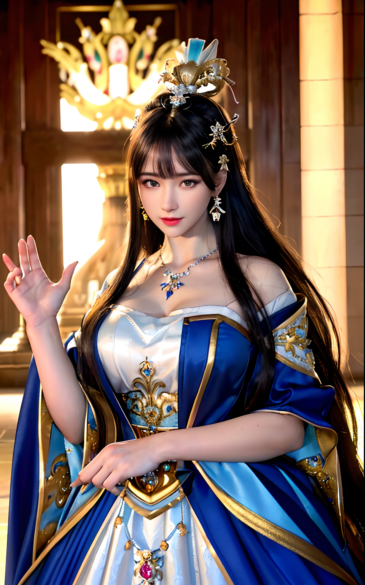 ((realisticity: 1.2)), ((realistic: 8K UHD)), ((best resolution: 8K UHD)), hyper detailed, best quality,masterpiece,highres,cg,
((1 hyper detailed and hyper realistic girl)), ((very beautiful queen dazzling, hyper realistic, and hyper detailed)),((white skin, beautiful, smooth, youthful, hyper realistic and hyper detailed
)), ((Hyper beautiful face, white, hyper realistic and hyper detailed)), long hair, ((hyper realistic and hyper detailed dress)), solo, ((hyper realistic, hyper beautiful, gorgeous and hyper detailed jewelry)), ((hyper beautiful, hyper realistic and hyper detailed dark red and golden yellow dress)),
((Hyper beautiful, hyper realistic, hyper detailed diamond filled earrings)),
((Hyper beautiful, hyper realistic and hyper detailed diamond filled hair ornament)), ((hyper beautiful upper body, hyper beautiful, hyper
realistic and hyper detailed)), ((hyper realistic and hyper detailed fingers and palms)), ((big breasts: 2.5)),
((Hyper grand, hyper realistic and hyper detailed royal palace backgroun))
((Hyper beautiful, hyper beautiful, hyper realistic and hyper detailed hair bun)), ((hyper beautiful, hyper realistic and hyper detailed blue hair)),
candid, Photograph, high resolution, 8k,Bokeh,