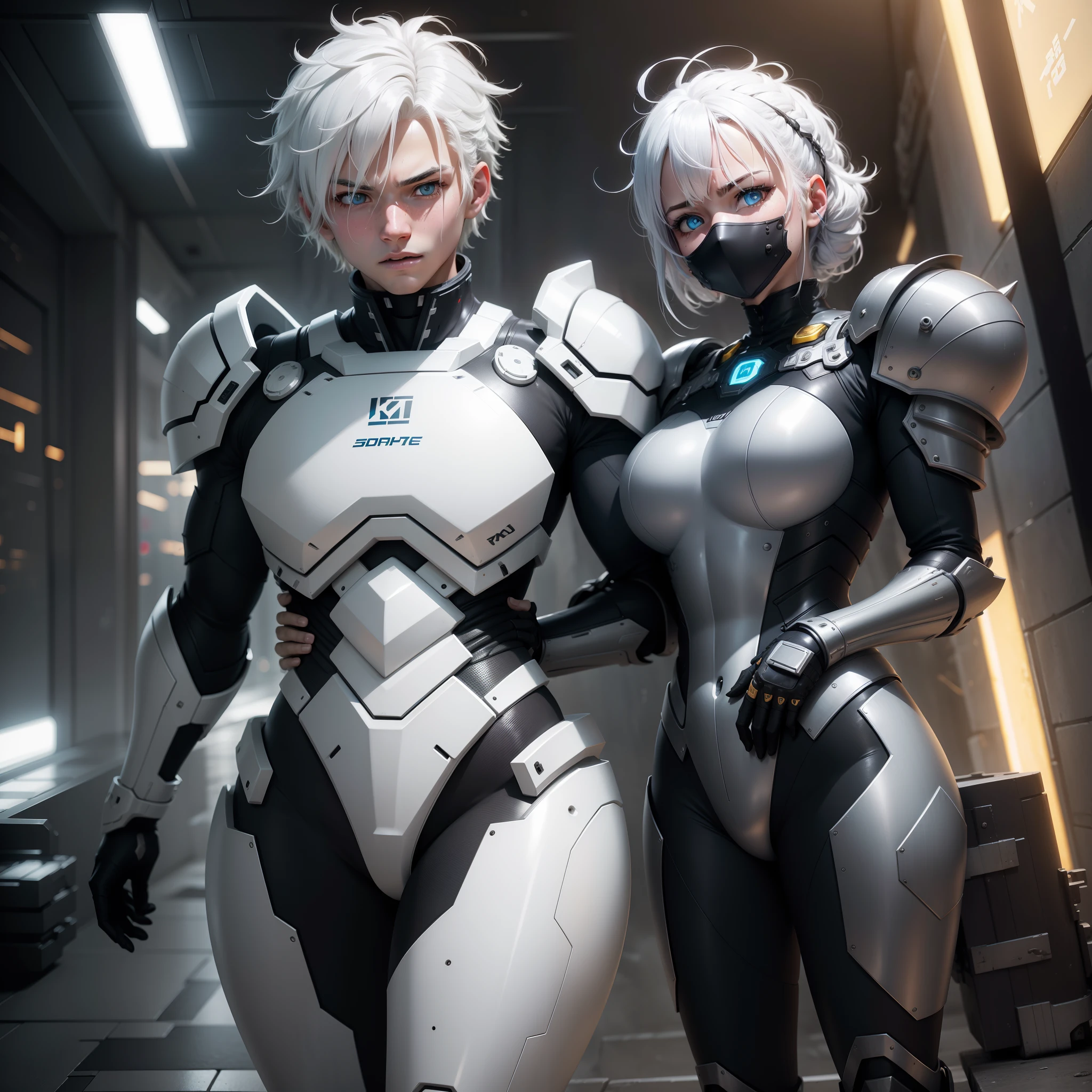Mechanical armor, Cute boy, White hair, fat, fleshy feeling, Faraway view, hyper HD, A high resolution, clenched teeth, covering eyes, oral invitation, aqua eyes, yellow eyes, drunk, wet hair, Cinematic lighting, cinematic lighting, Sony FE GM, panorama, Masterpiece, 16k, UHD, masterpiece, highres, 16k
