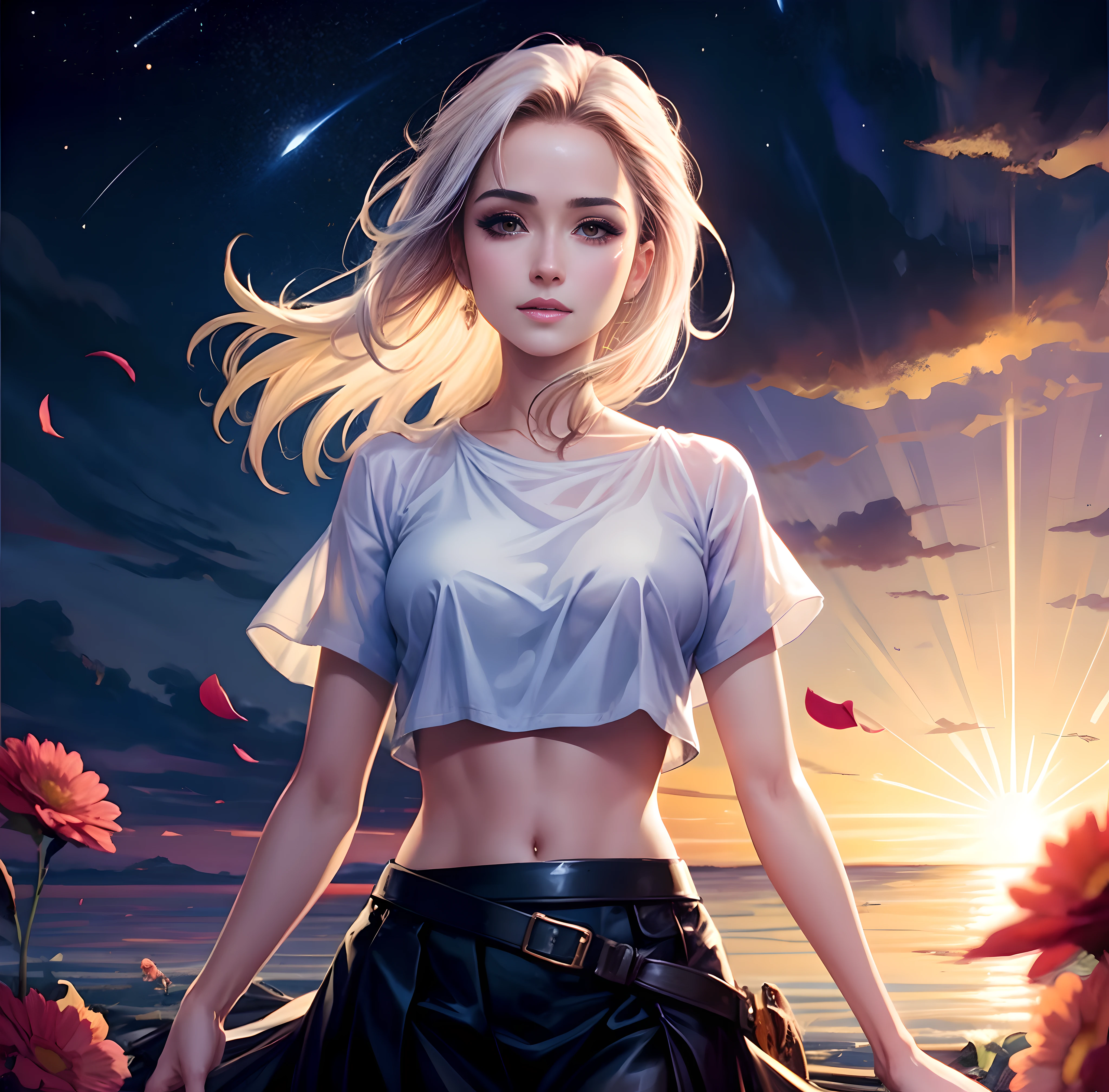 Salma Hayek  as  woman in a white shirt and black skirt standing in a field of flowers, ross tran style, alena aenami and artgerm, rossdraws 1. 0, anime style 4 k, inspired by Ross Tran, rossdraws global illumination, rossdraws 2. 5, loish and ross tran, in the style of ross tran, inspired by rossdraws
