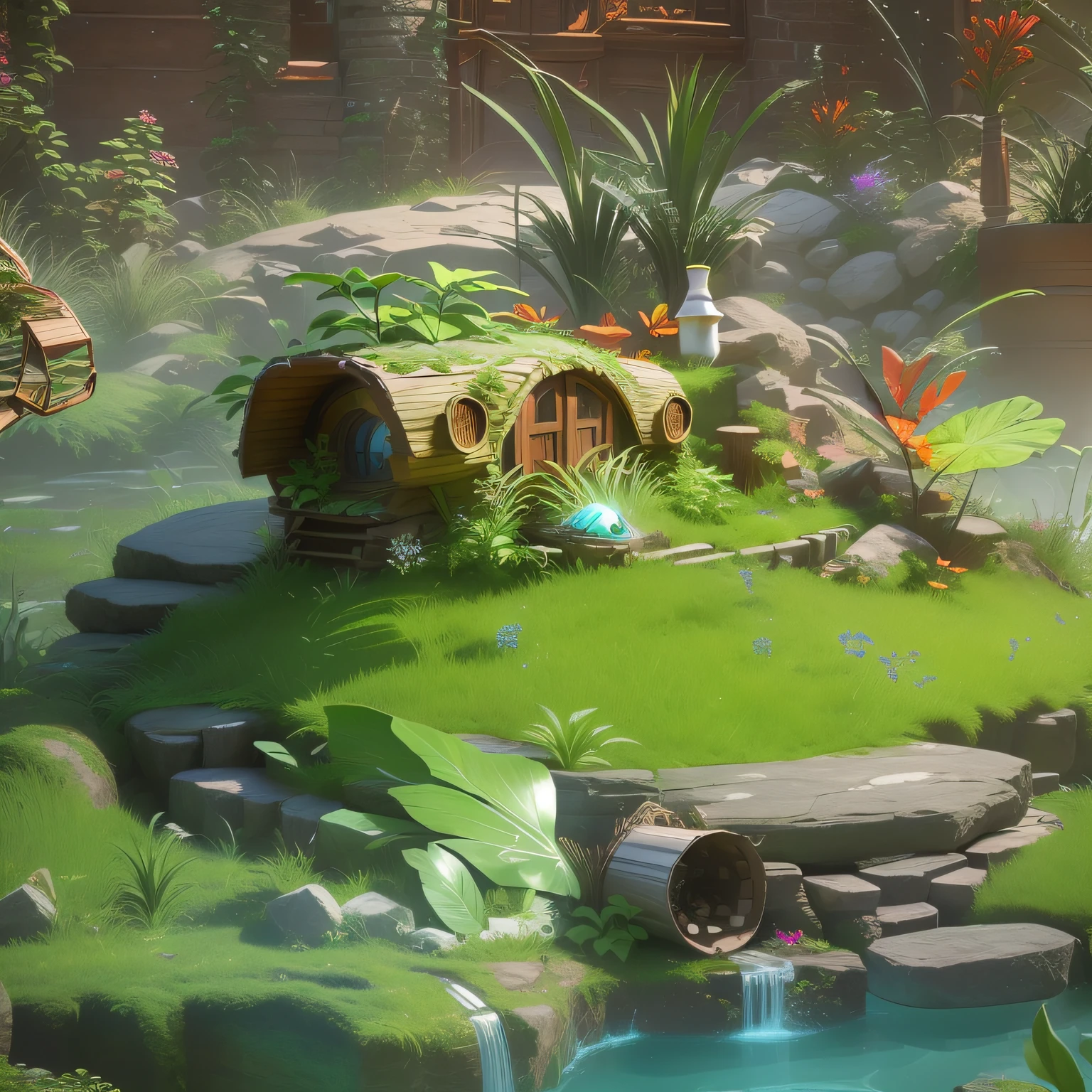 There is an insect nest made of logs and grass, There are stone steps at the mouth of the nest,stylized 3d render, 3 d render stylized, stylized as a 3d render, 3 d stylize scene, Stylized concept art, fantasy style 8 k octane render, Stylized game art, cute 3 d render, environment artist, elves house, lush garden spaceship