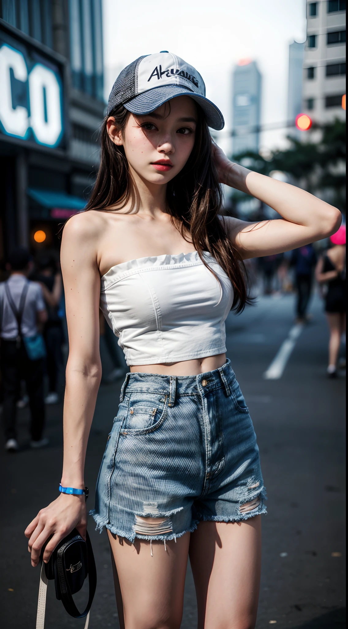 (1girl), solo, long_hair, wearing(strapless-white-shirt, denim-short, snapback-hat), photo(medium-shot), portrait, standing, pov, blurry_background, background(urban, neon, nightclub, outdoors), (photorealistic, absurdres, best_quality:1.55),