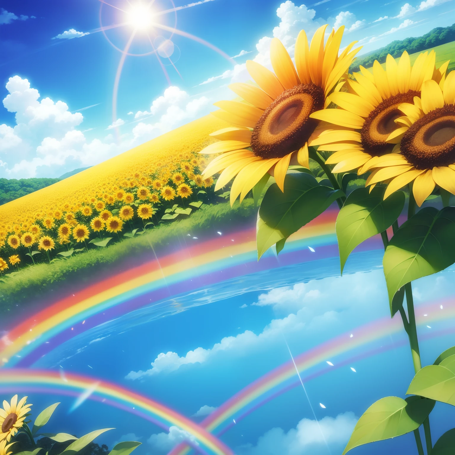 Background with、Sun flower、blue-sky、white clouds、Sunnyday、Beautiful scenery、Big rainbow sky、