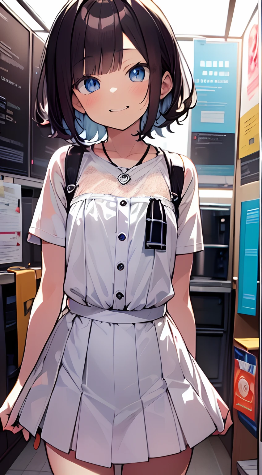 masutepiece, Best Quality,Illustration, Wallpaper, Ultra Detail, absurderes, 1girl in, Solo,, Beautiful detailed eyes,Medium Short-Cut Hair, (nffsw:1.3)、((small curvy loli))